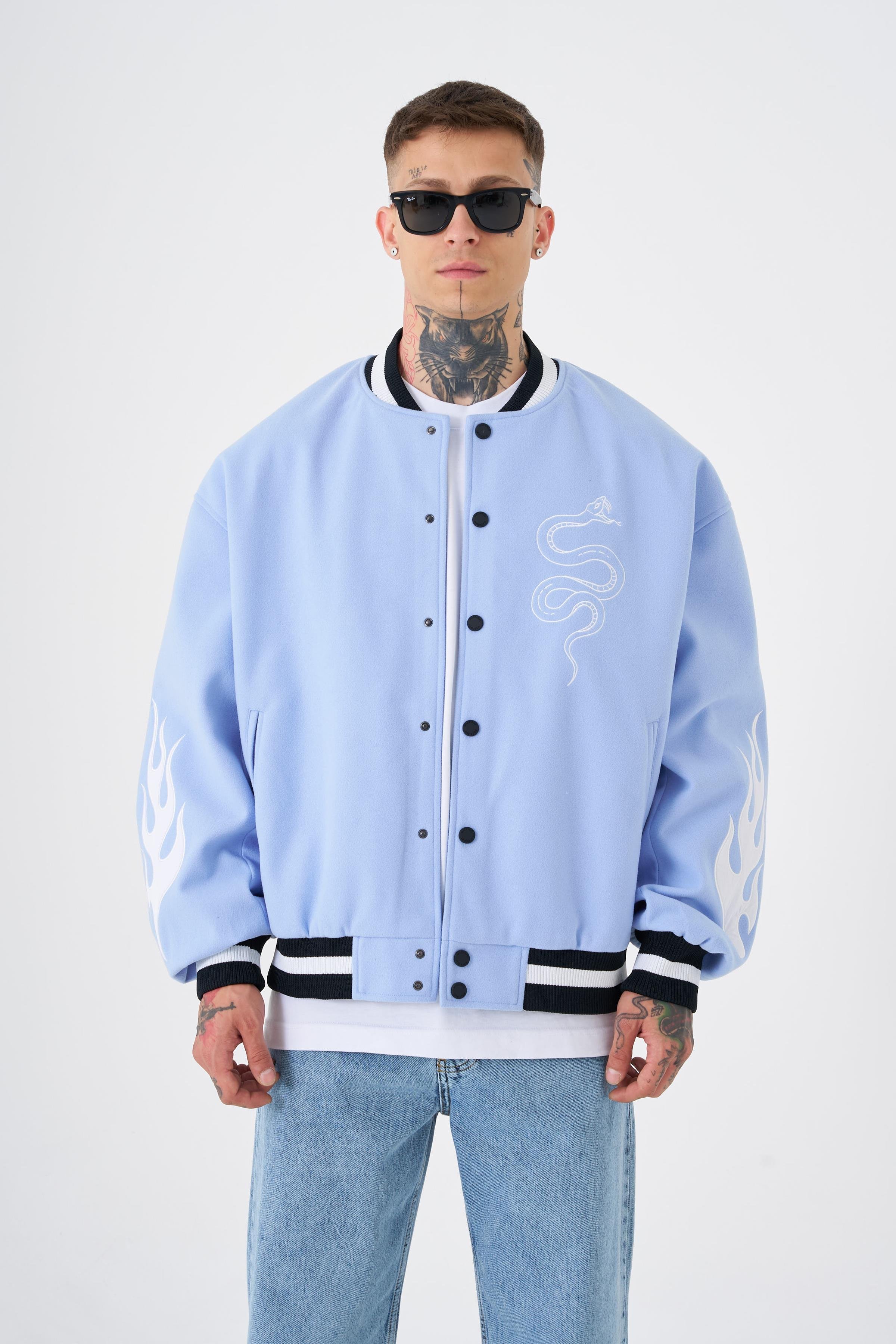 Erkek Snake Oversize Açık Mavi Bomber Ceket