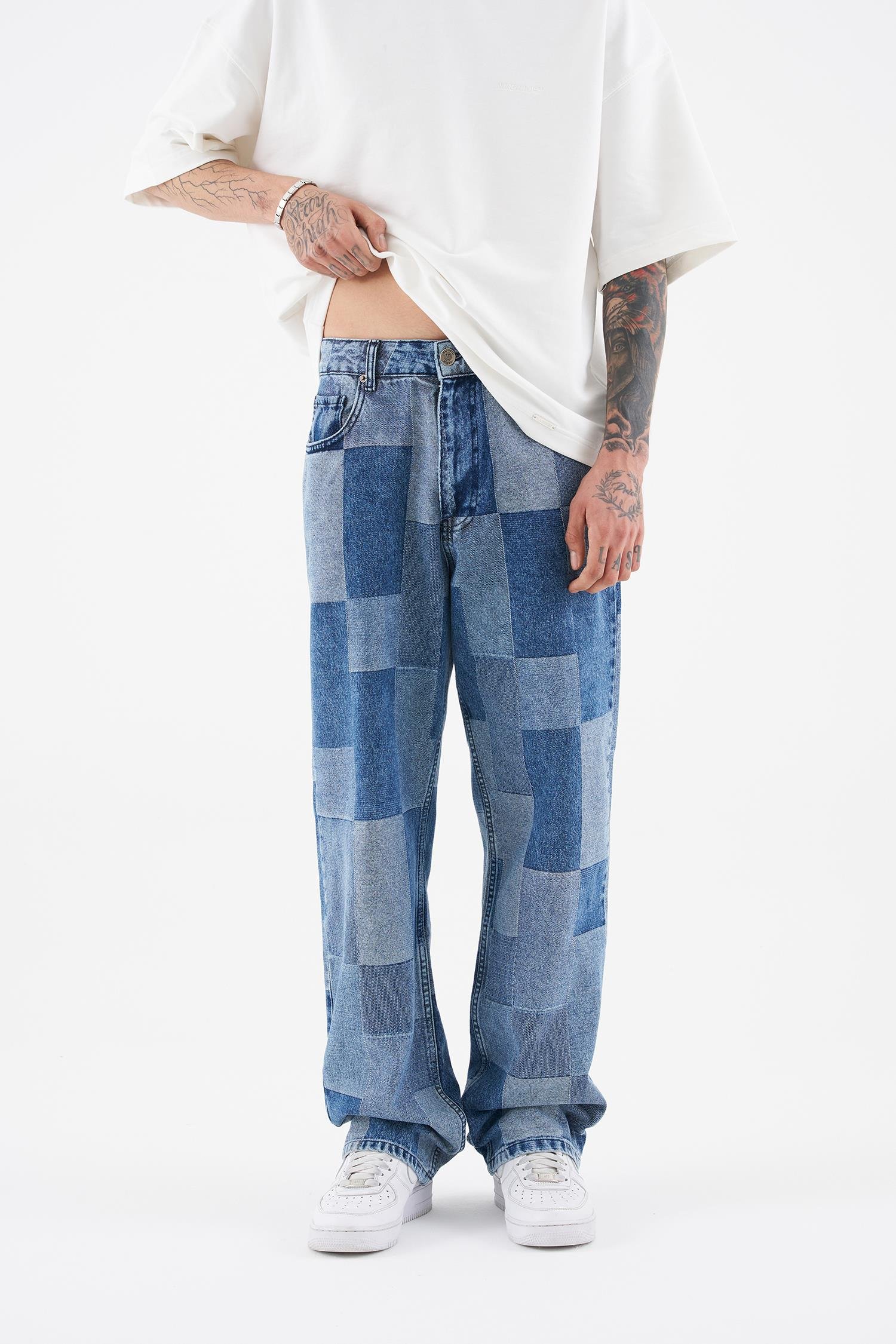 Erkek Oversize Parçalı Desenli Açık Mavi Jean