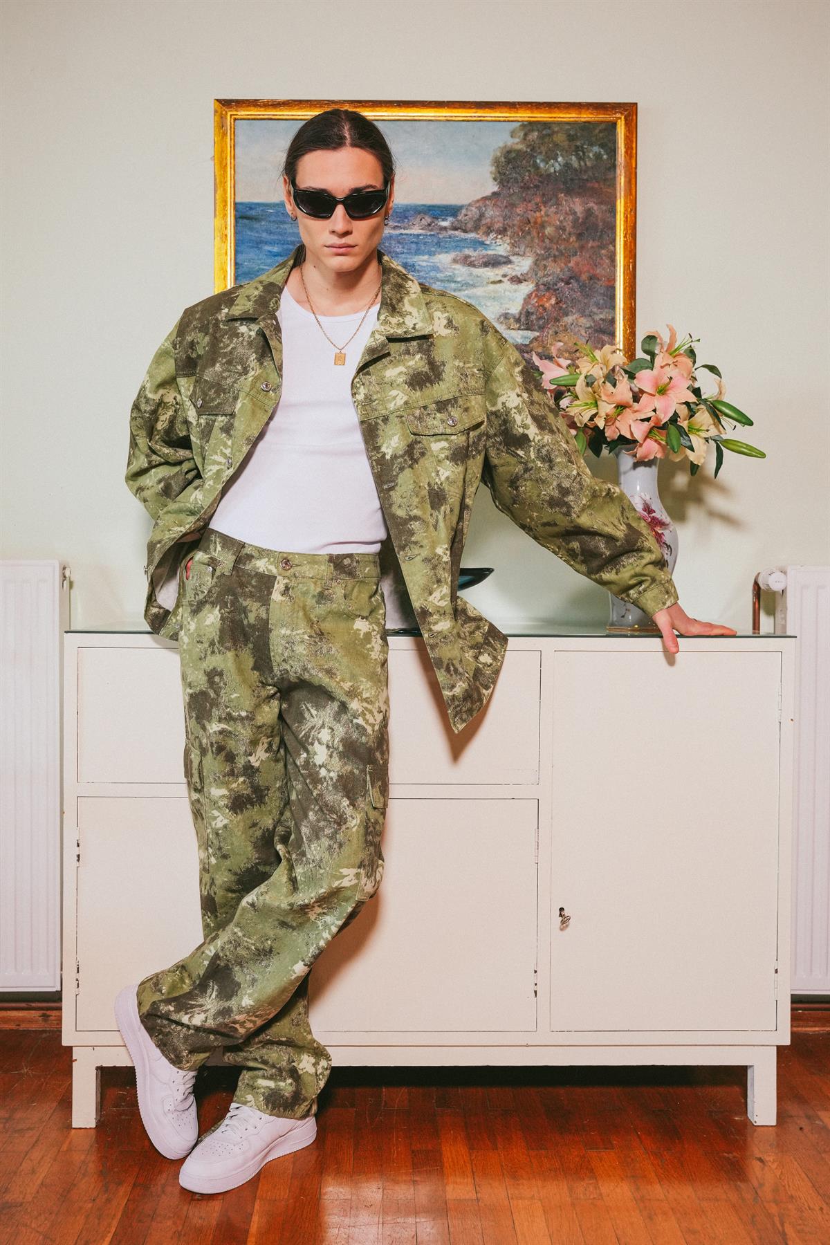 Erkek Desenli Denim Oversize Kamuflaj Kot Ceket