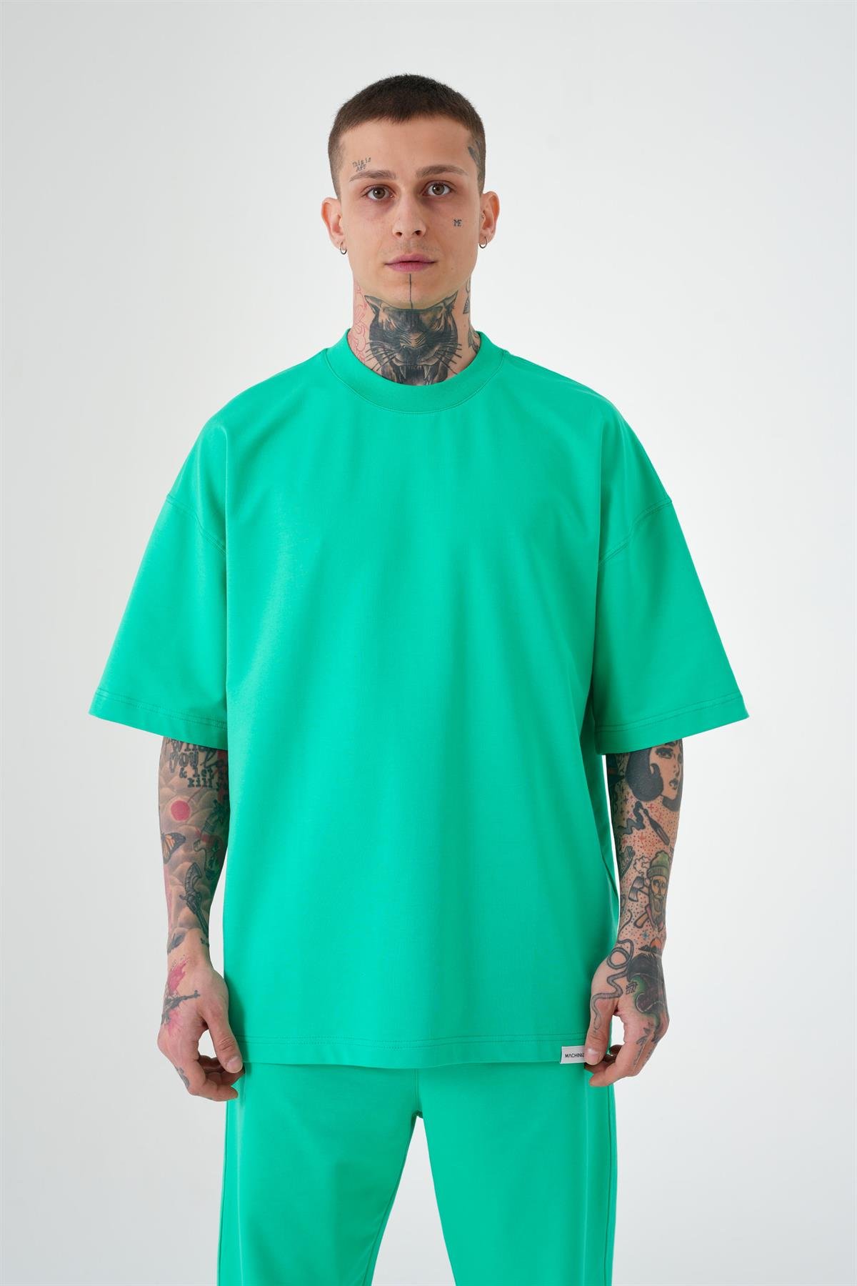 Erkek Basic Pamuklu Oversize Yeşil Tişört