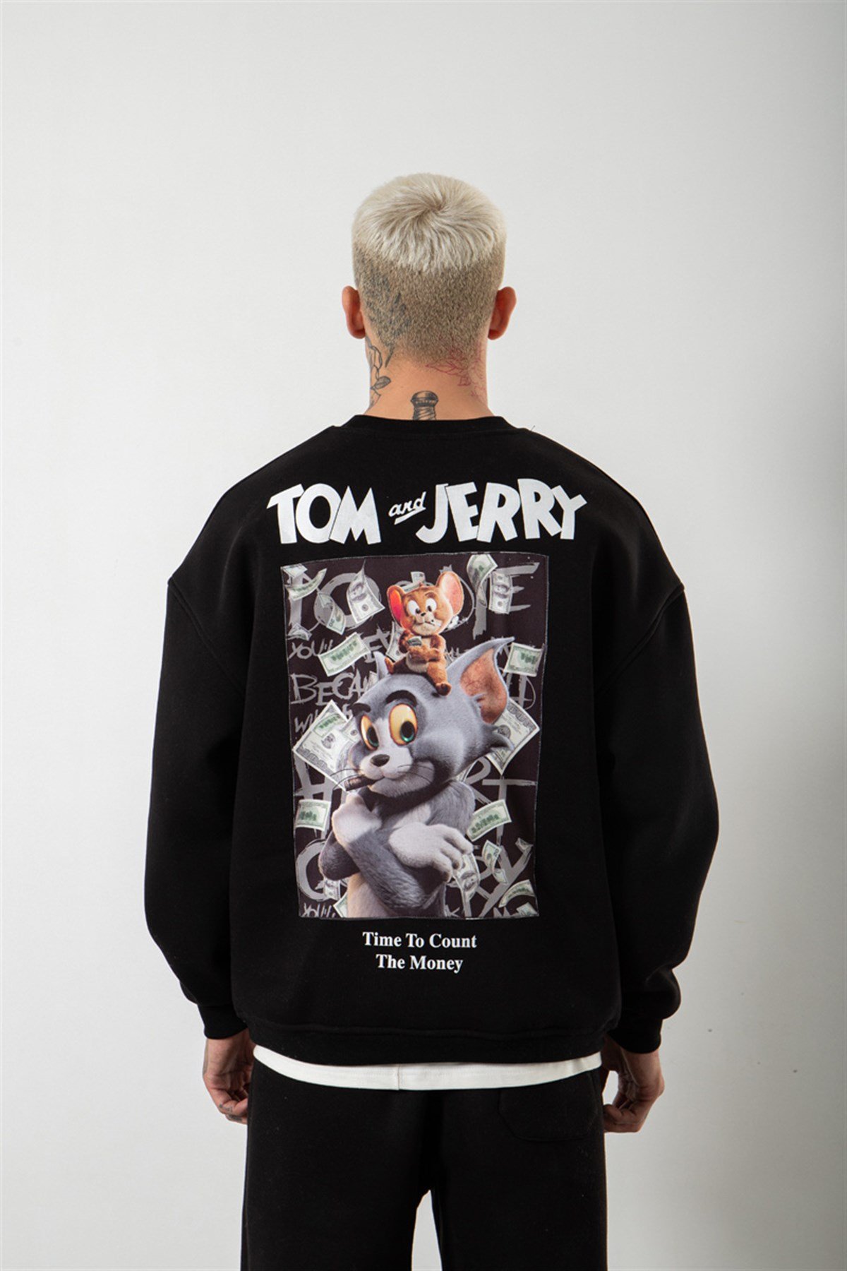 Oversize Tom And Jerry Baskılı Sweatshirt SİYAH