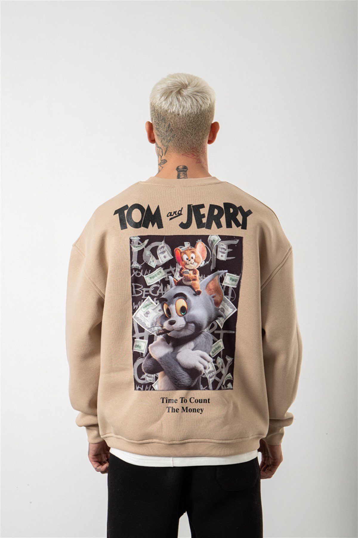 Oversize Tom And Jerry Baskılı Sweatshirt BEJ