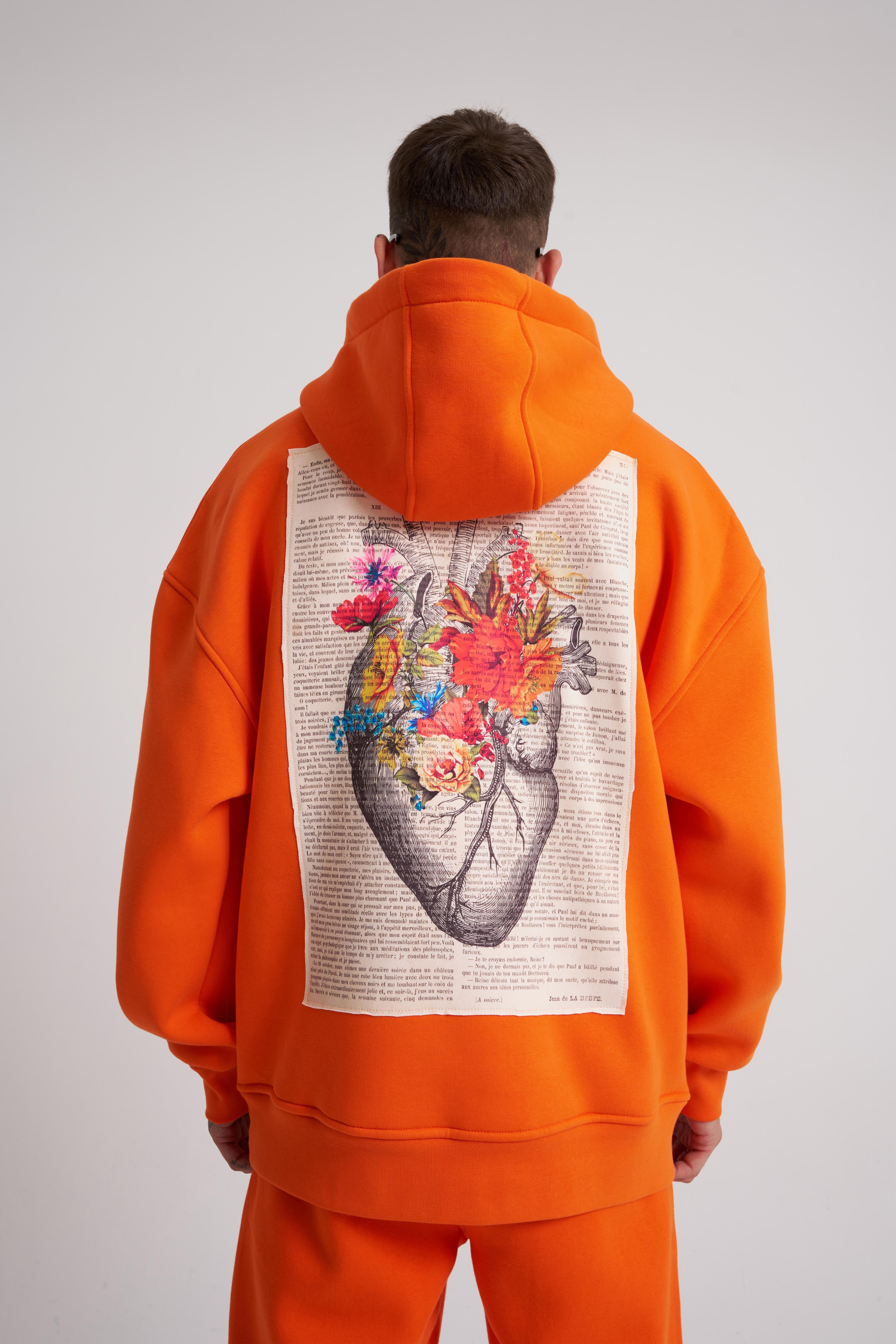 Erkek Heart of Glass Baskılı Kapüşonlu Oversize Turuncu Sweatshirt
