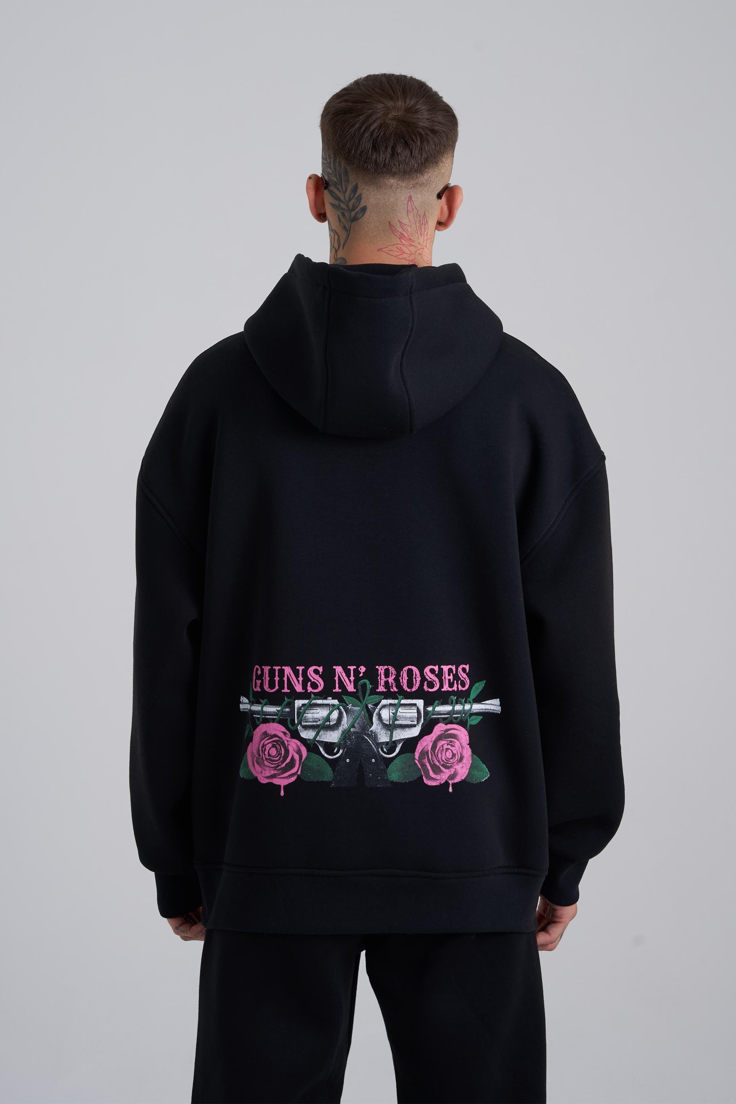 Erkek GUNS Bask l Kapu onlu Oversize Siyah Sweatshirt Machinist