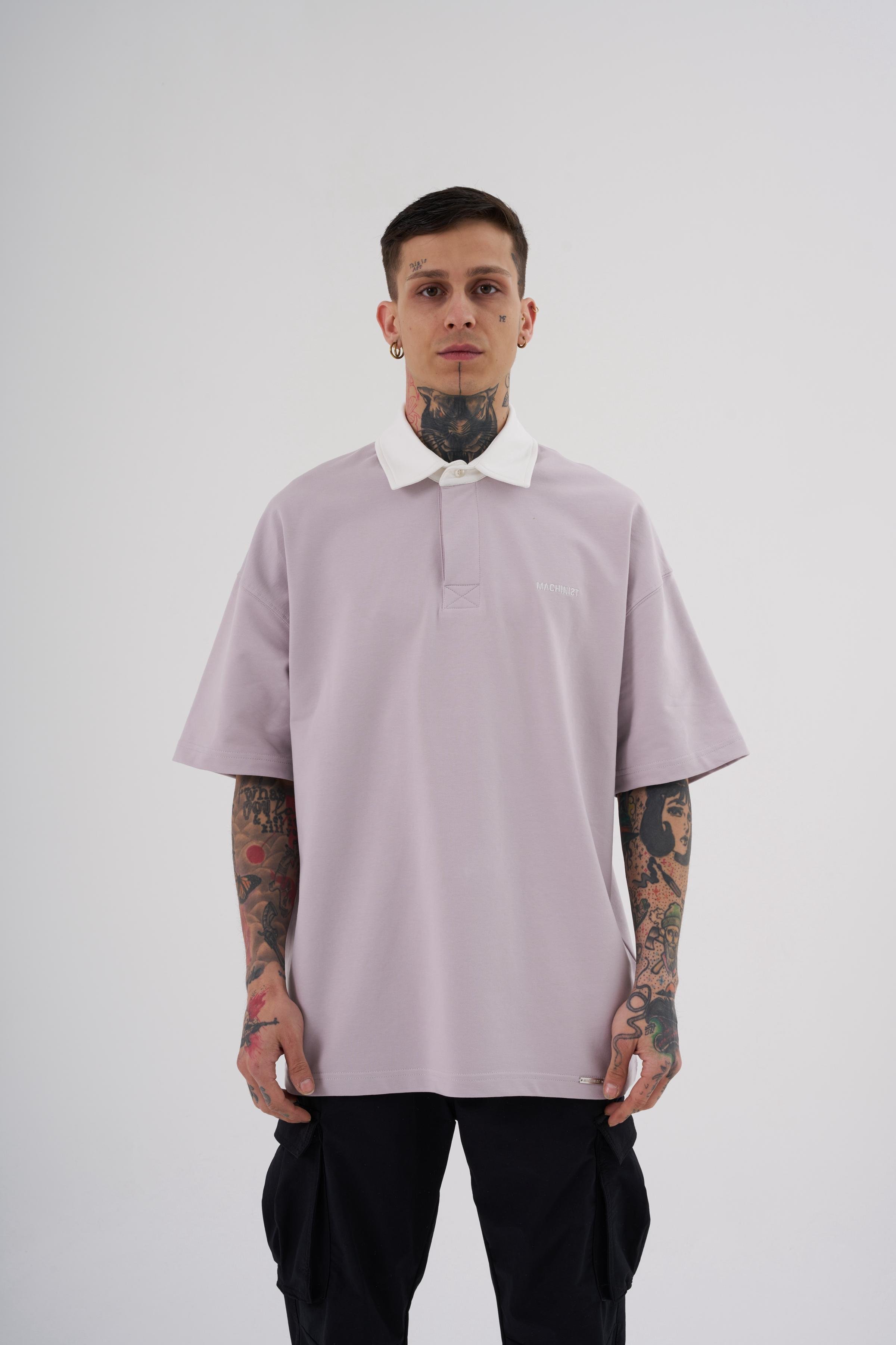 Erkek Basic Oversize Lila Ekru Polo Yaka Tişört