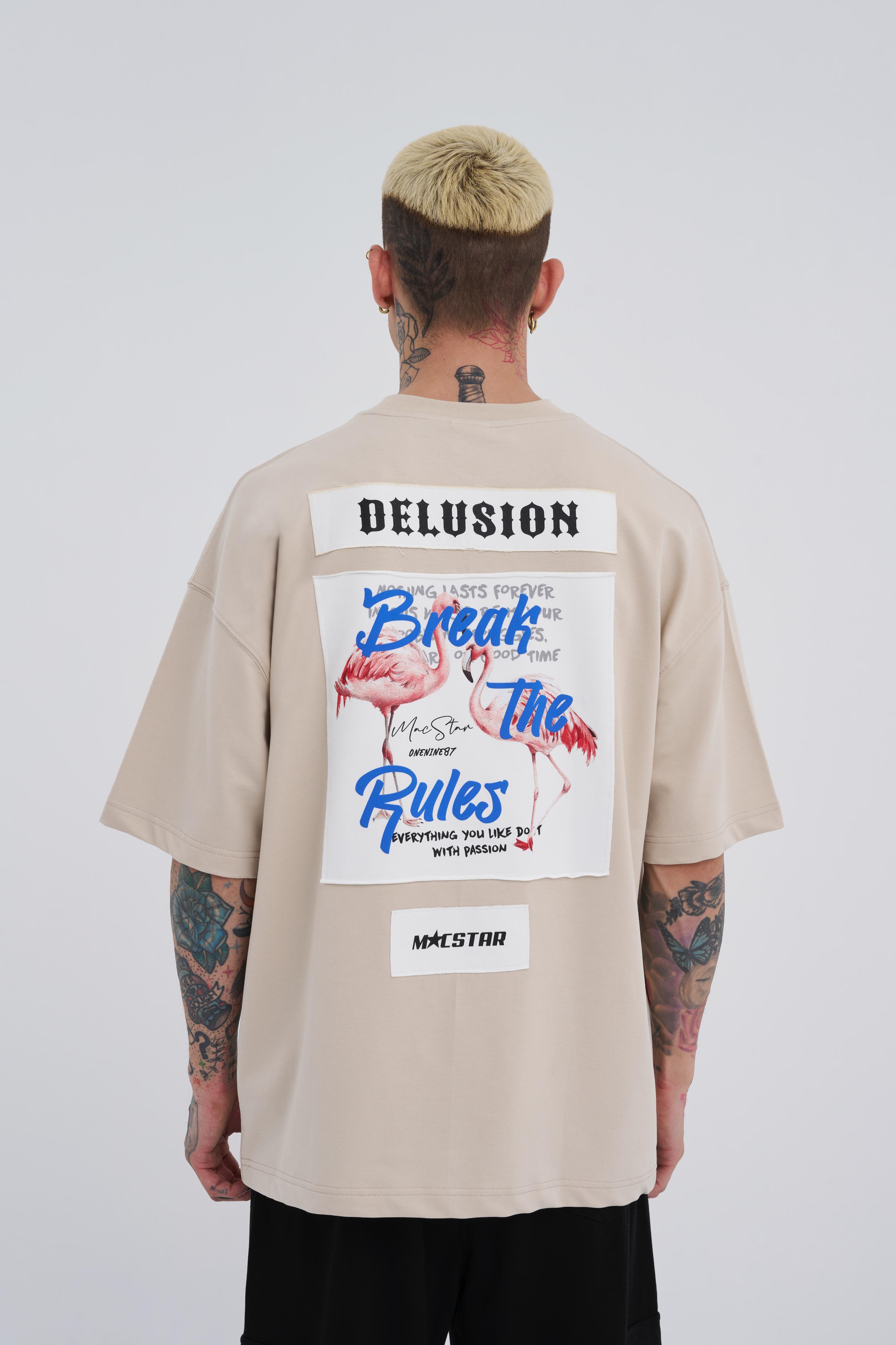 Erkek Break The Rules Baskılı Oversize Açık Bej Tişört