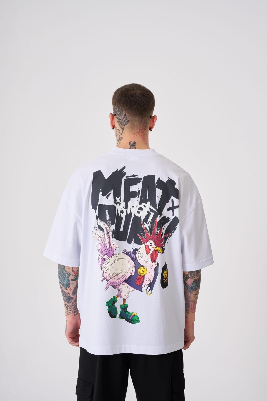 Erkek Meat Punk Baskılı Oversize Beyaz Tişört