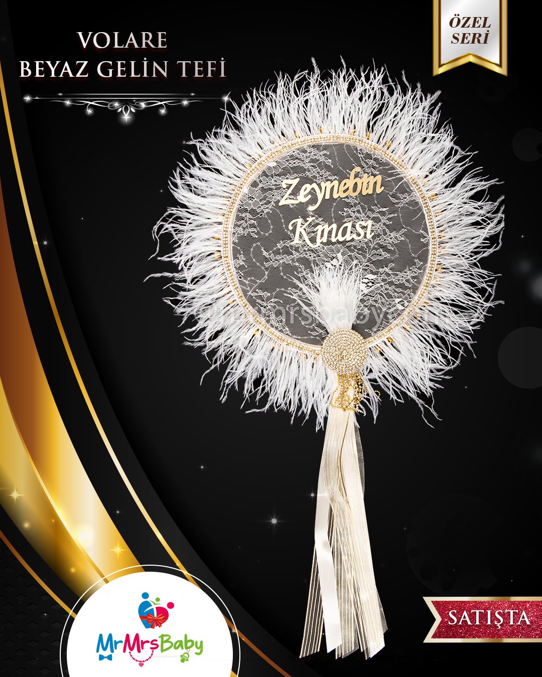 Beyaz Fransız Dantelli Gold Taşlı Pleksi İsimli Devekuşu Tüylü