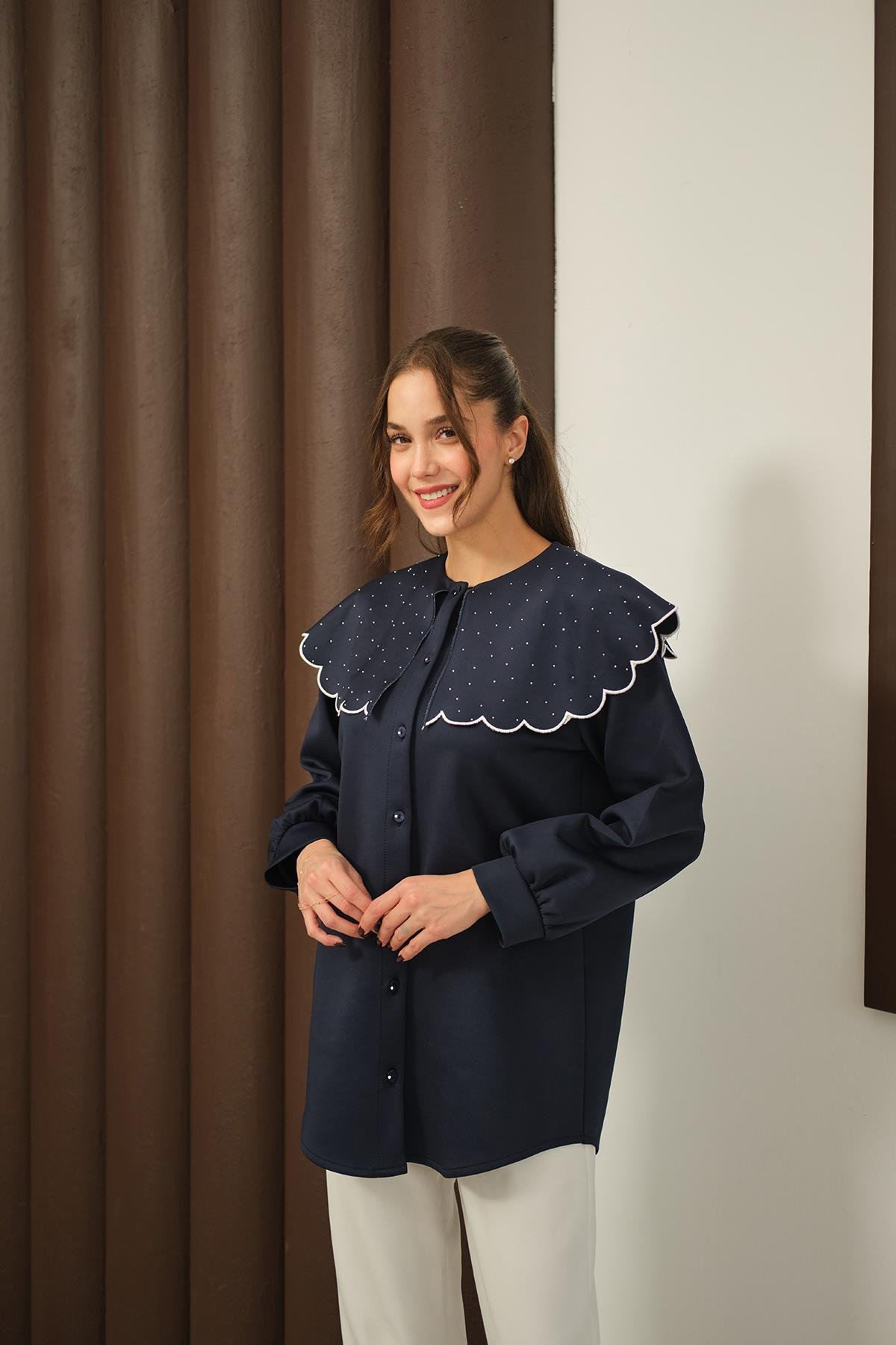 LOCCO Yakası Taşlı Tunik Lacivert