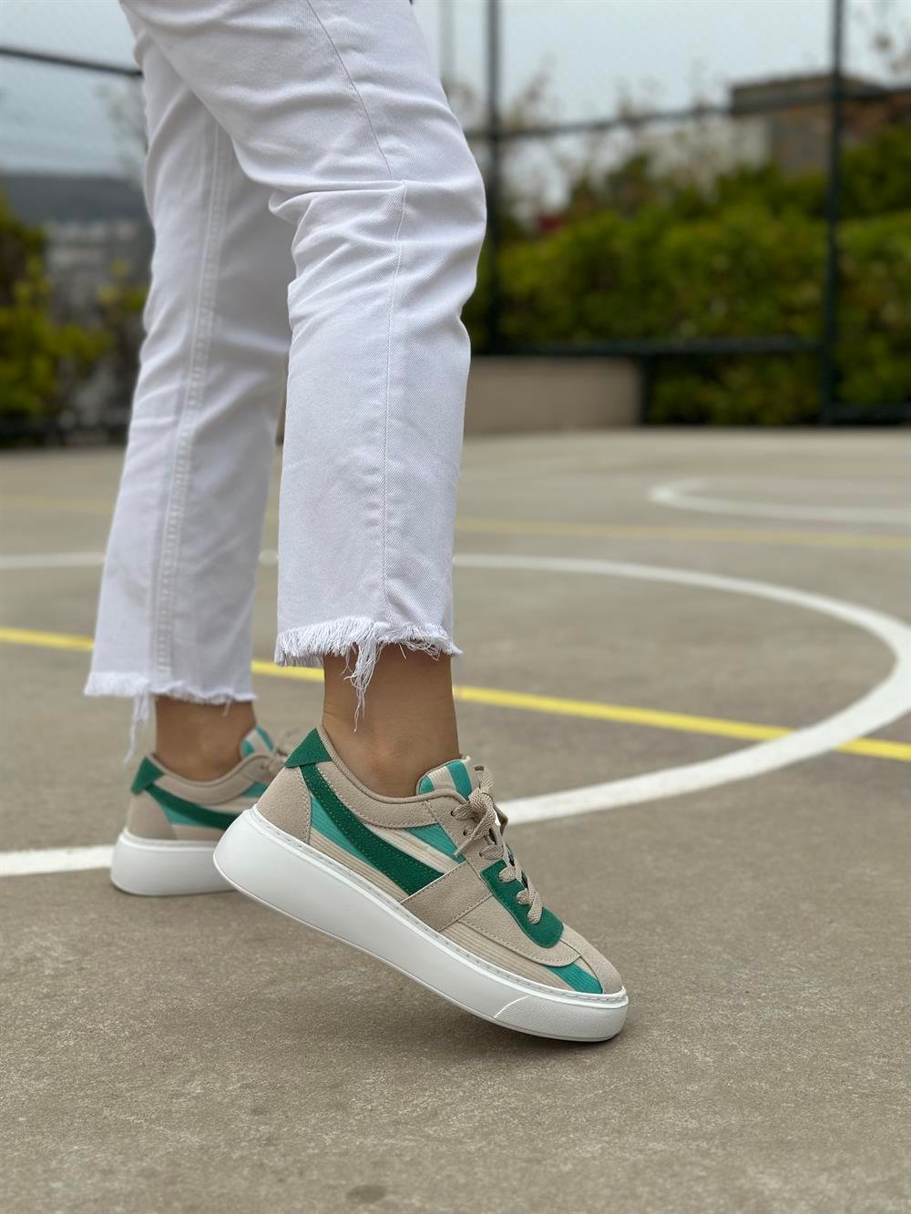 Quenn Yeşil Çizgili Süet Detaylı Bağcıklı Kadın Günlük Spor Ayakkabı