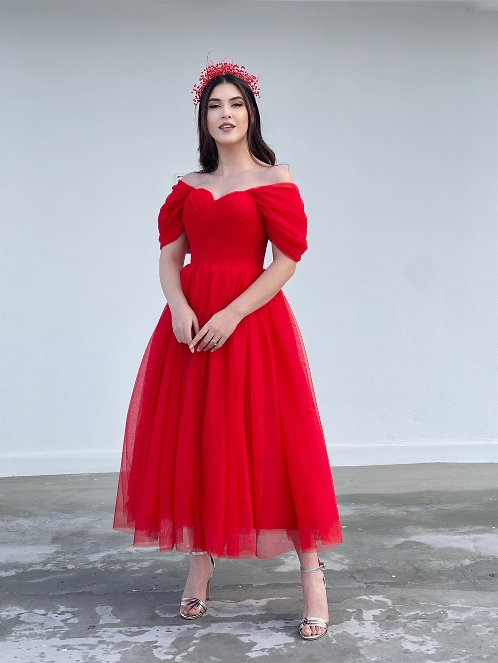 TheElsa | GİYİM | TAKI | Aden Kırmızı Özel Tasarım Abiye Tül Elbise, Kına  Elbisesi
