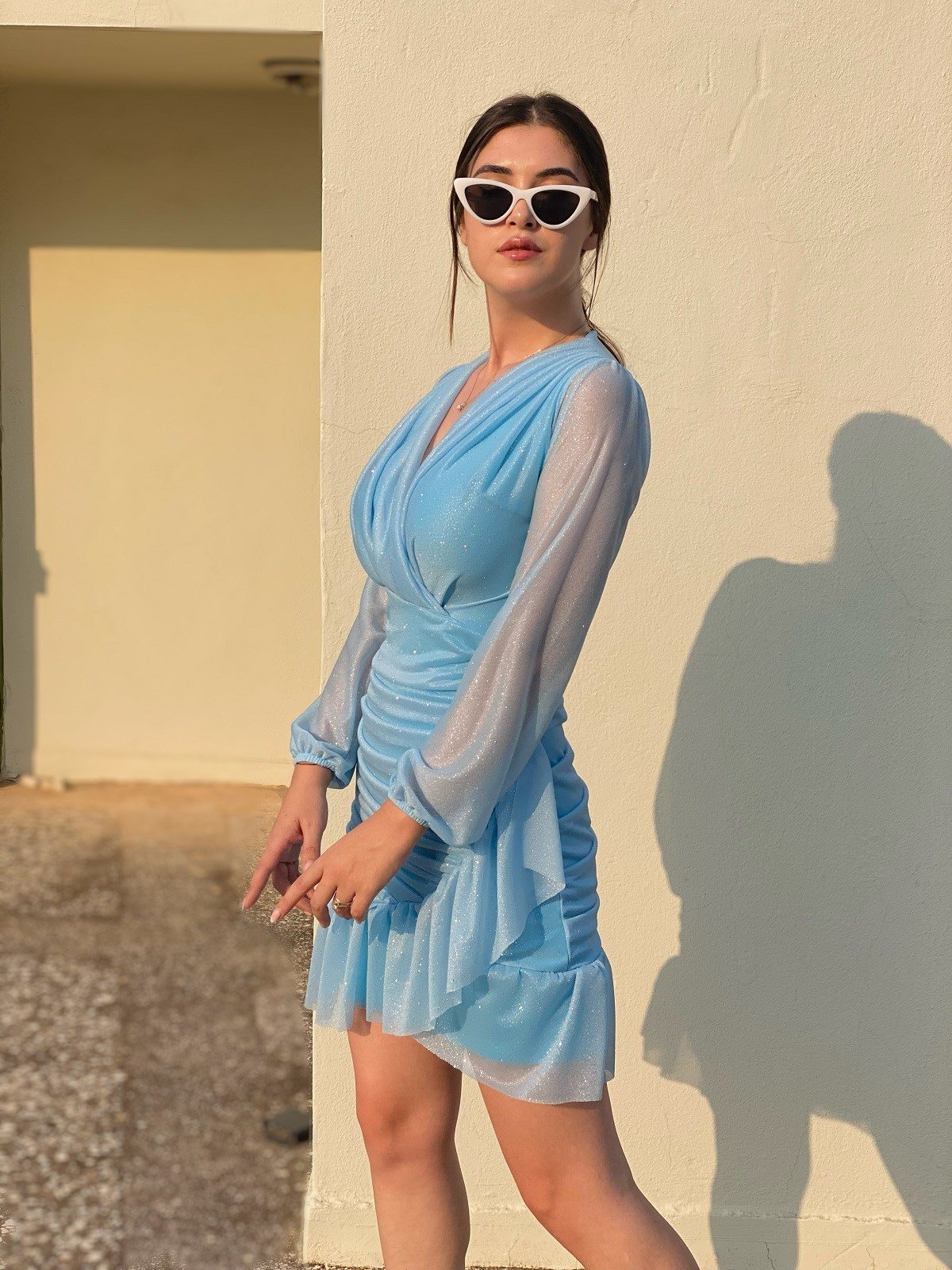 Mavi Venüs Düz Drapeli Elbise | TheElsa.com