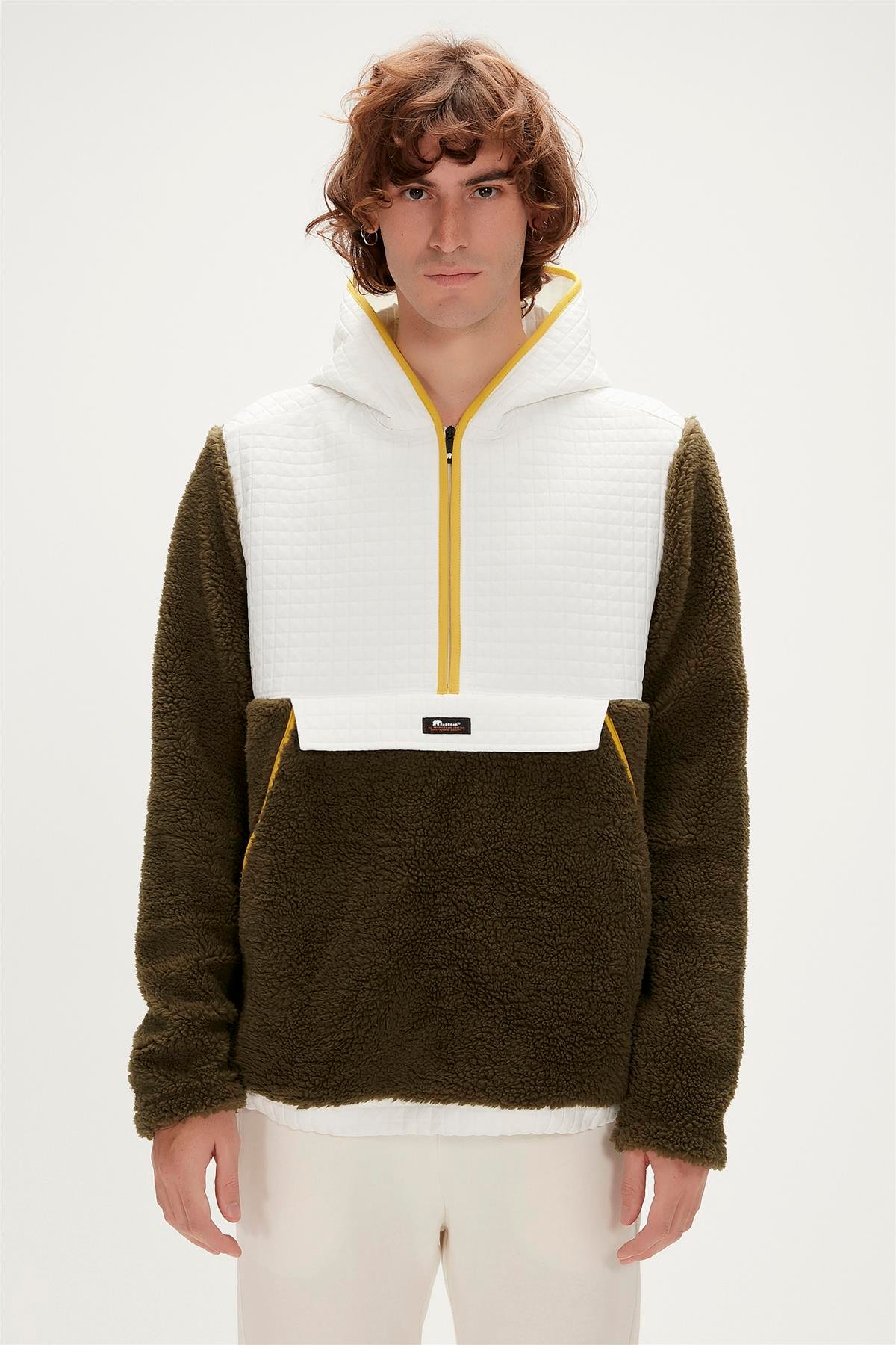Leonard Plush Half-Zip Haki Peluş Erkek Kapüşonlu Sweatshirt | BAD