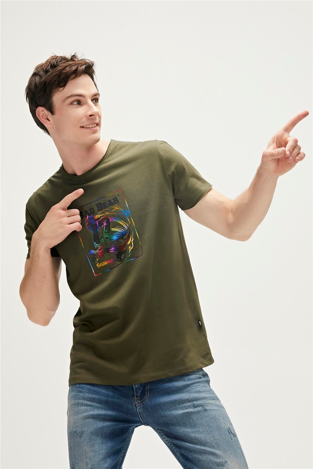 One Way T-Shirt Haki Yeşil Baskılı Erkek Tişört |BAD BEAR