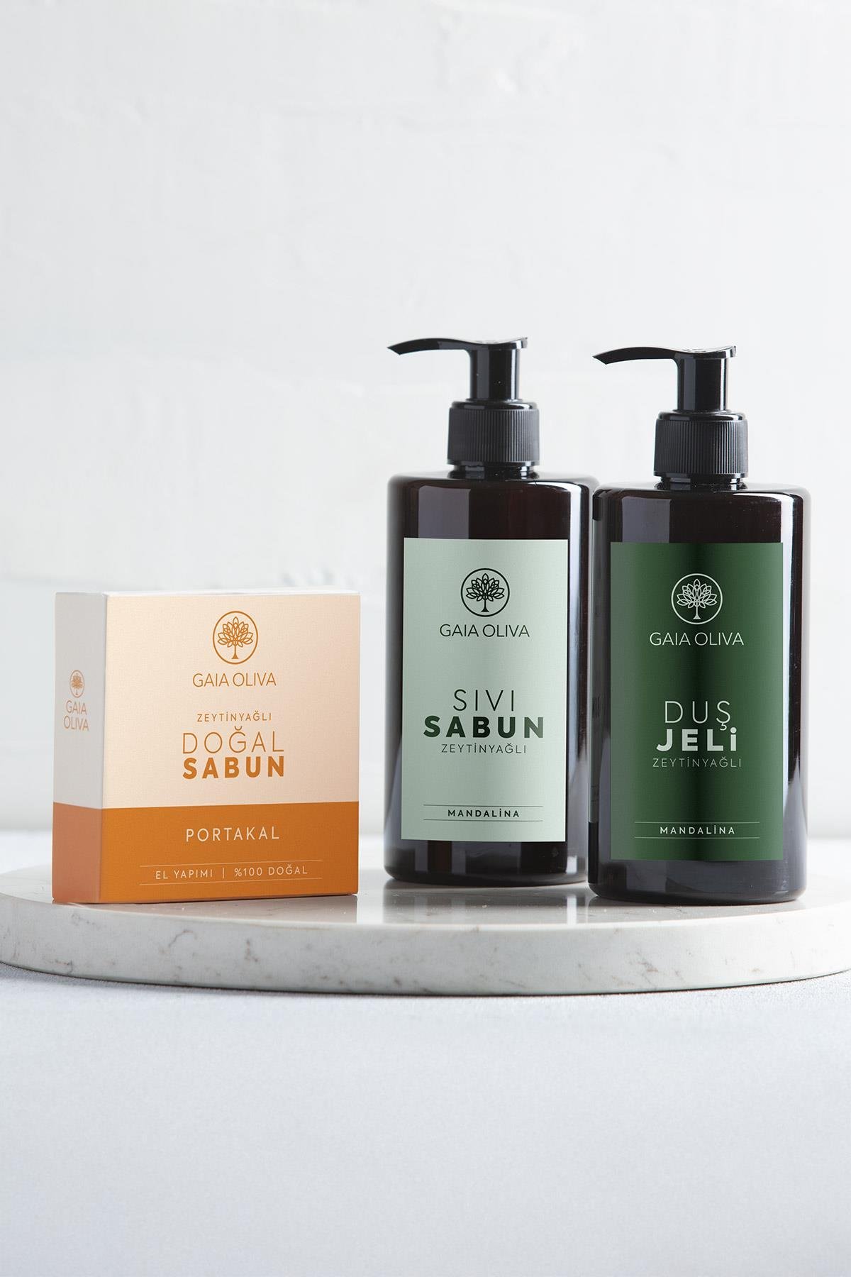 3'lü Doğal Bakım Seti - Mandalinalı ve Zeytinyağlı Sıvı Sabun ve