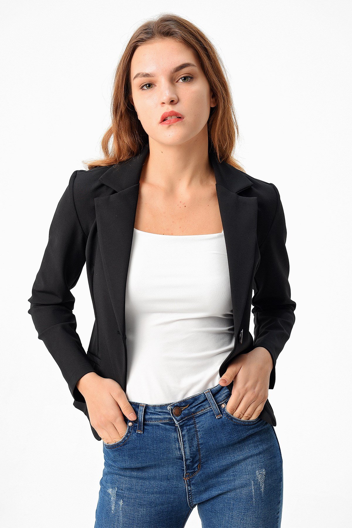 Cepli Düğmeli Uzun Kol Mono Blazer Ceket-Siyah 30031 | Jument.com.tr