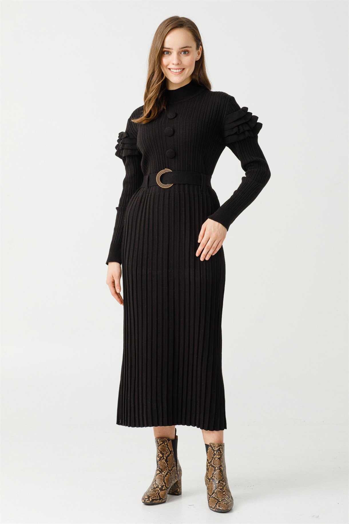 Kol Detaylı Triko Elbise - SİYAH | Accort.com.tr