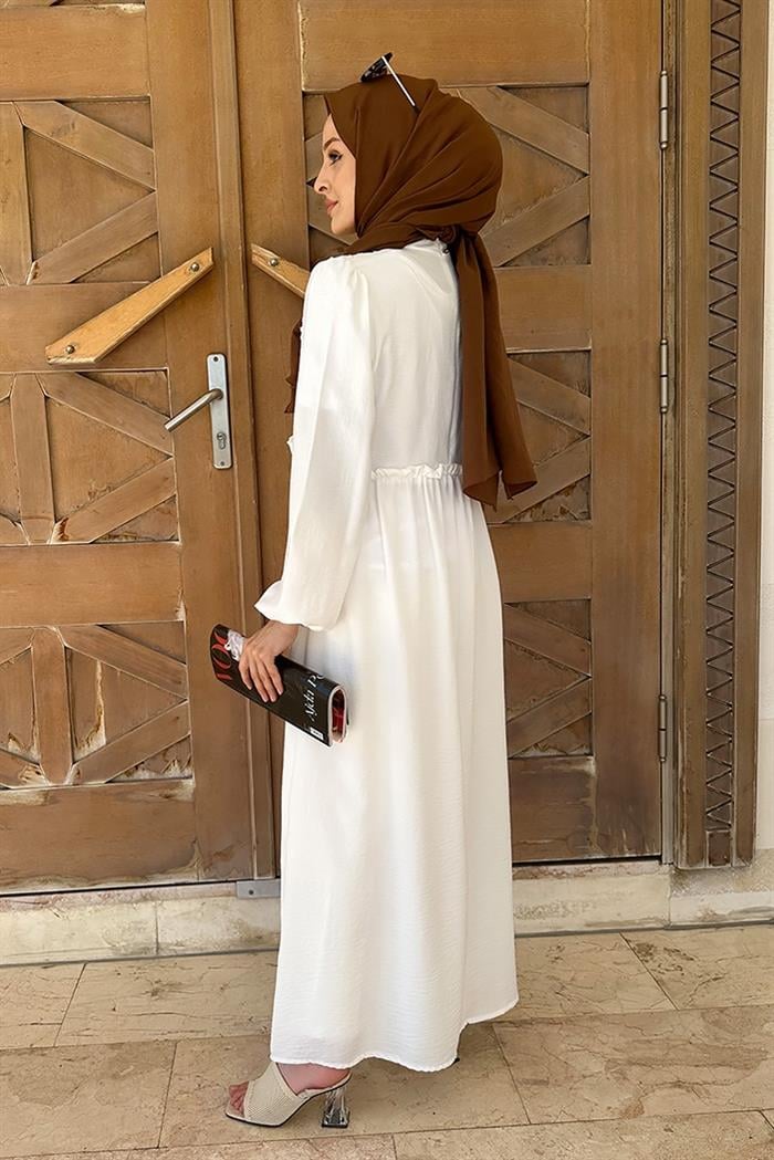 Feris Dantelli Tesettür Elbise 552 - Beyaz