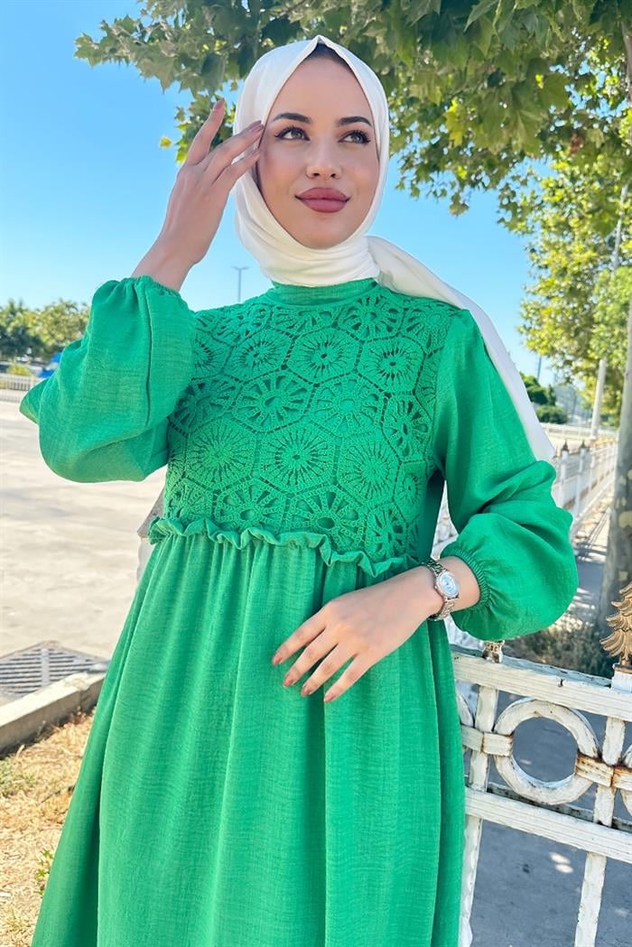 Feris Dantelli Tesettür Elbise 552 - Yeşil