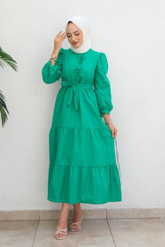 Talia Önü Fırfırlı Kat Detay Tesettür Elbise 342 - Yeşil