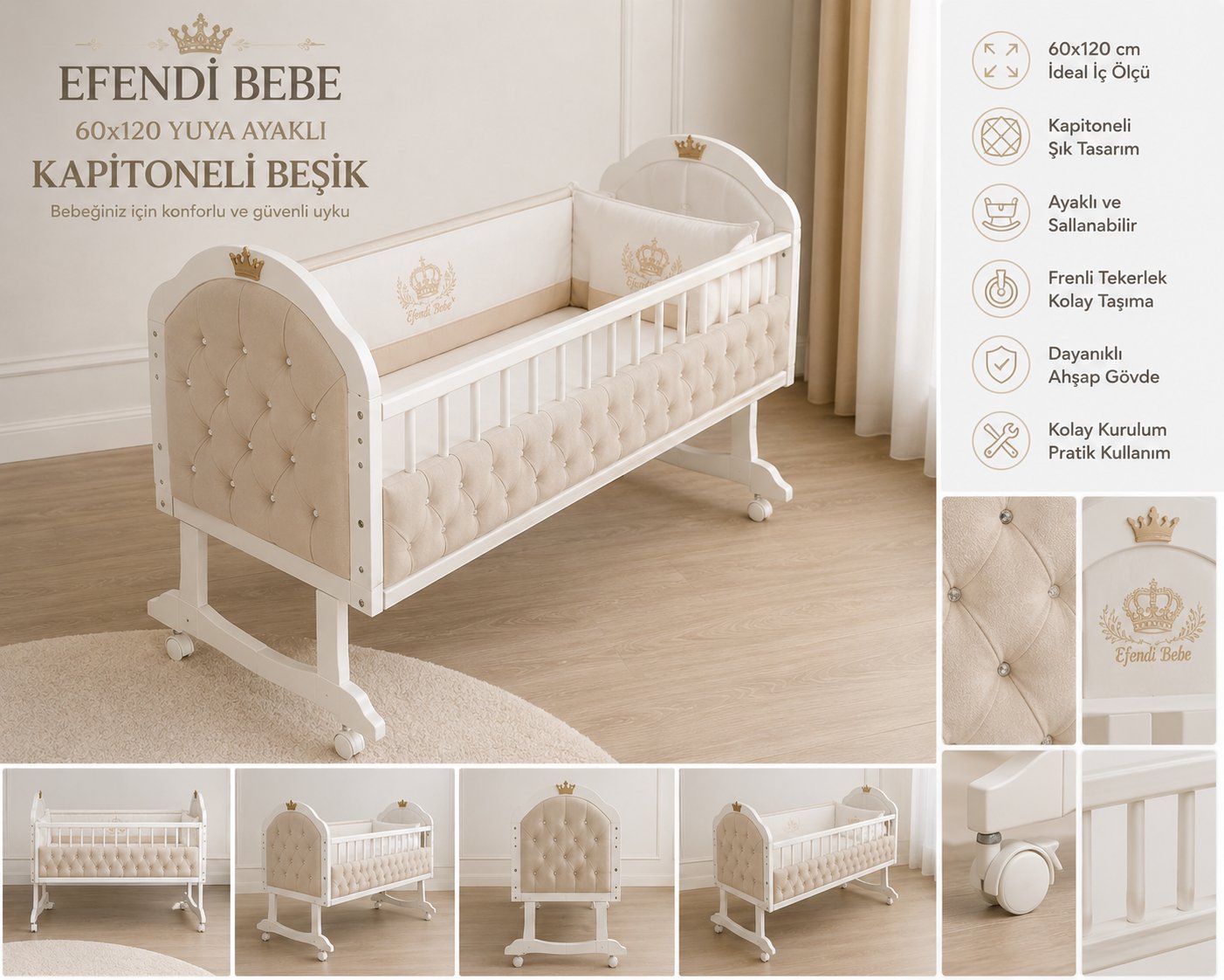Efendi Bebe 60x120 Yuya Ayaklı Kapitoneli Beşik