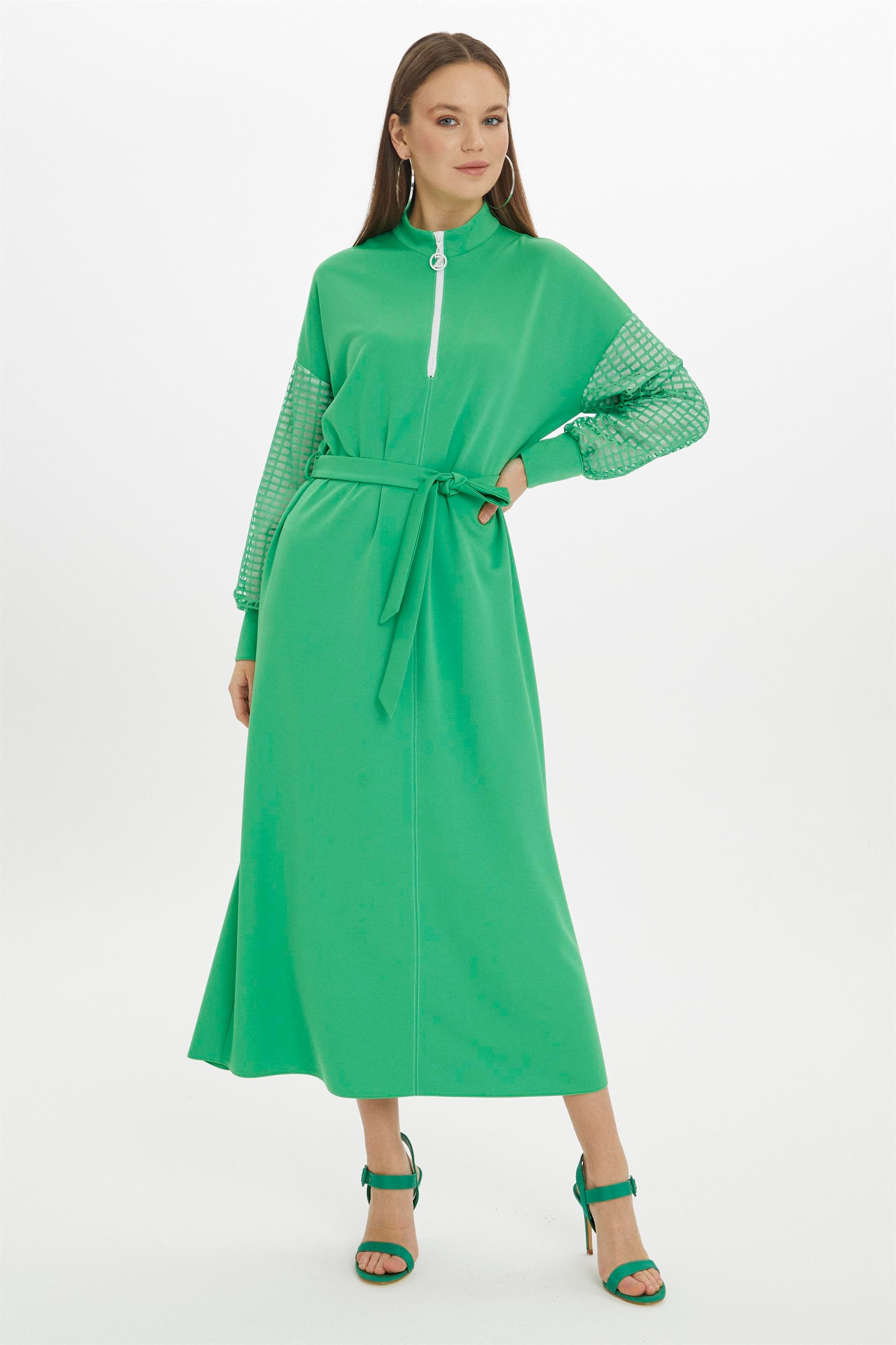Belted Long Grass Green Straight Dress with Sleeve Detail E-0349