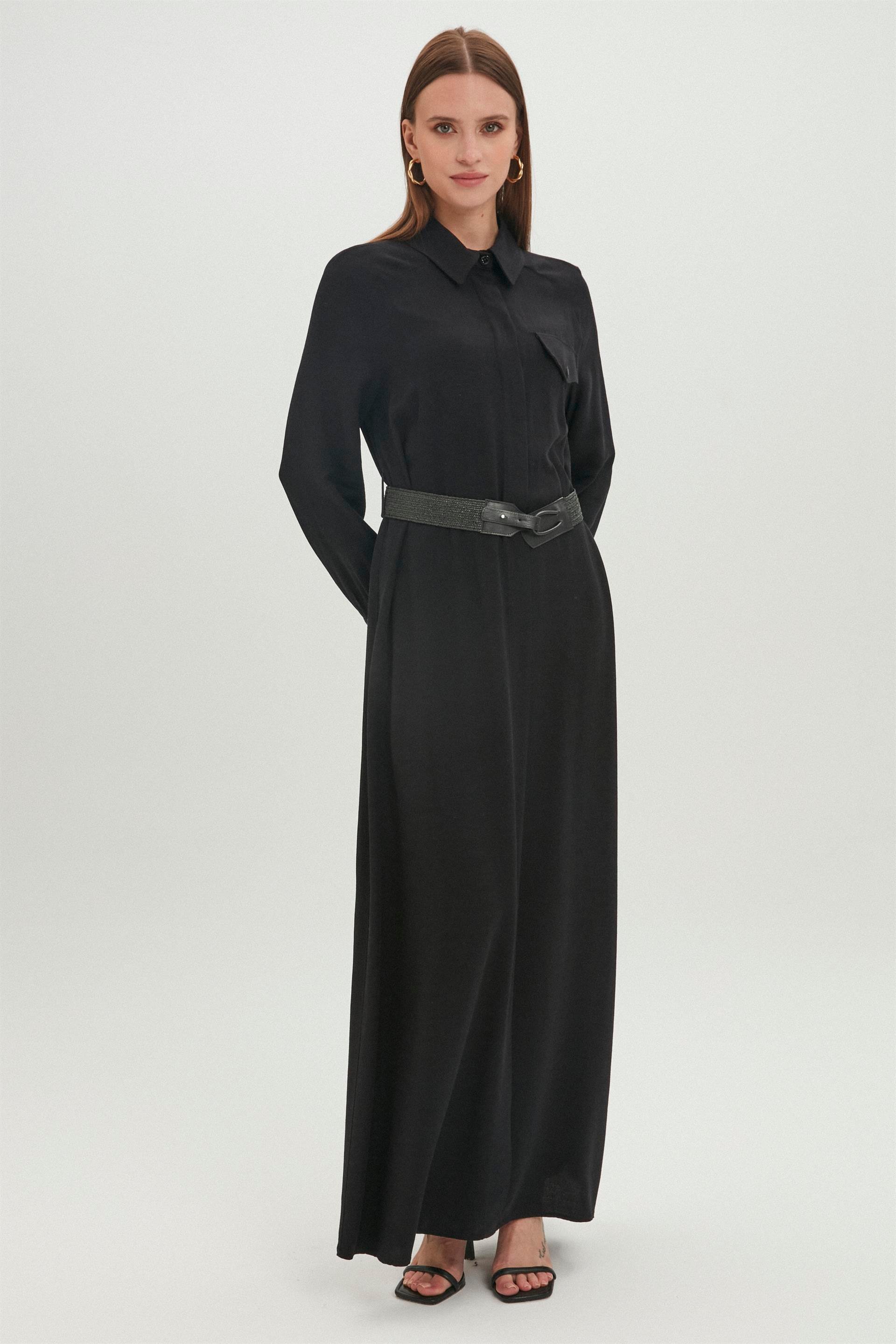 فستان كاكي طويل بياقة قميص وحزام ومفصل E-0358