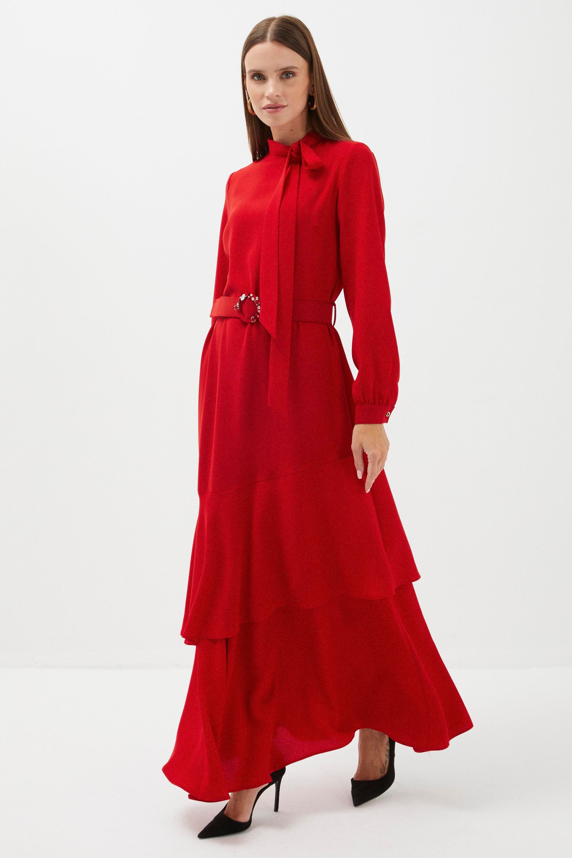 فستان طويل مع تفاصيل الياقة أحمر E-0373