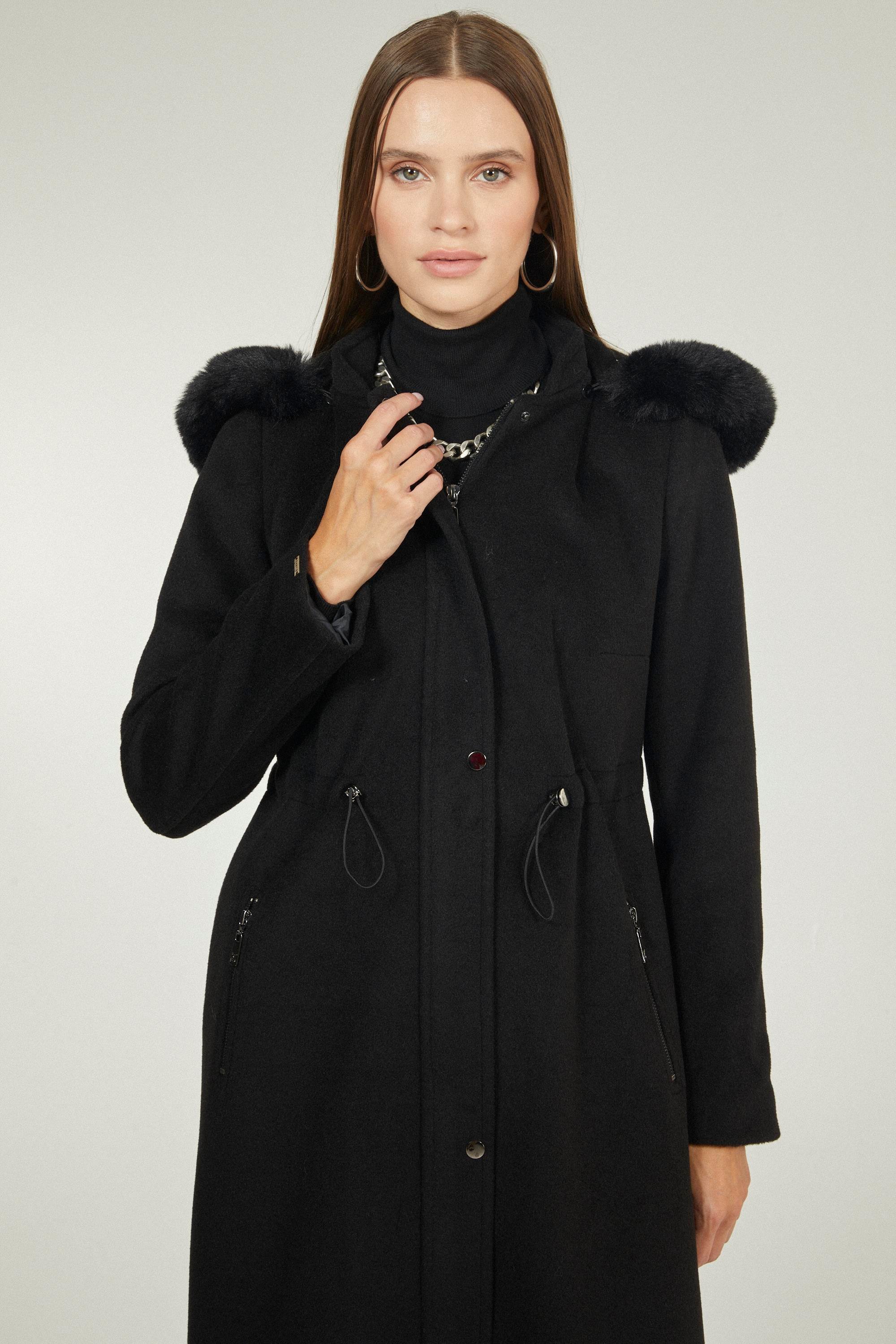 Fur Detail Hooded Black Woollen Coat 13403