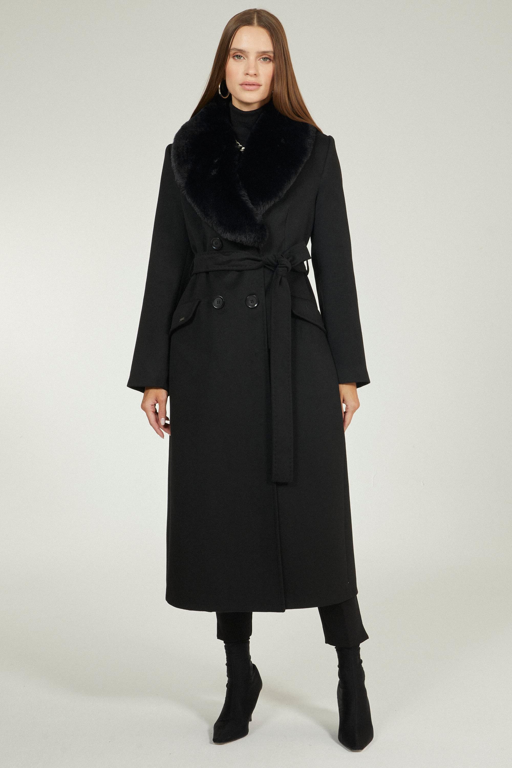 Fur Detail Black Woollen Coat 12358