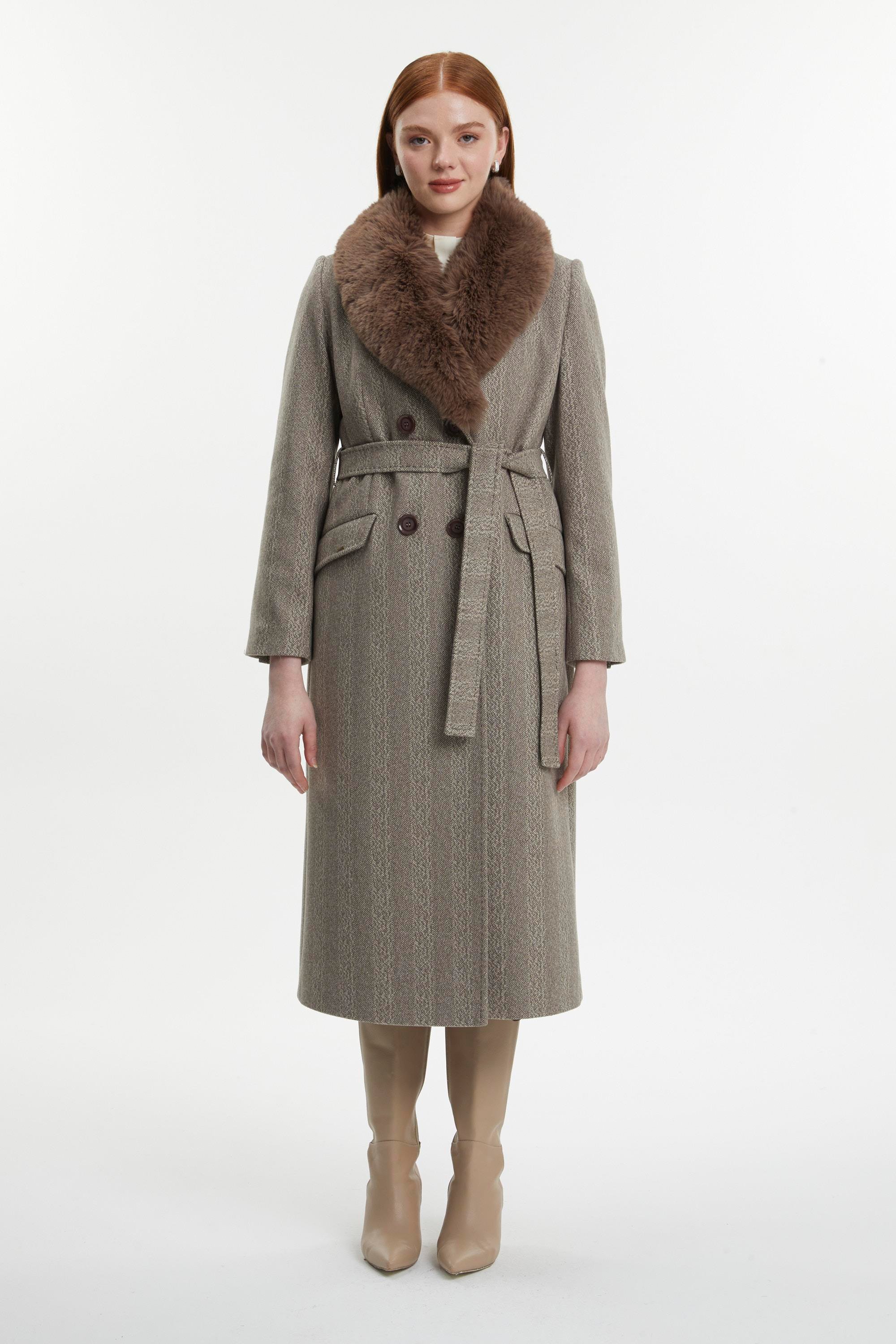 Yaka Kürk Detaylı Vizon Kaban 12358 - Zühre