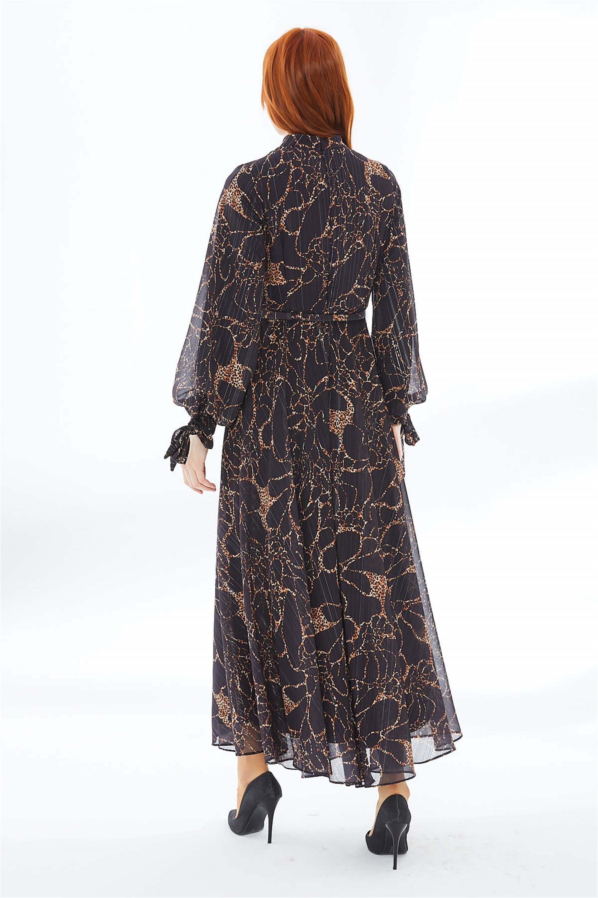 فستان طويل بنقشة جلد النمر مزين حزام-أسود E-0102