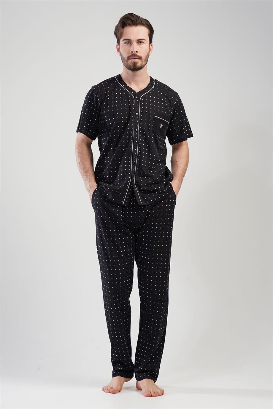 Vienetta Erkek Siyah Önden Düğmeli Kısa Kollu Pijama Takımı