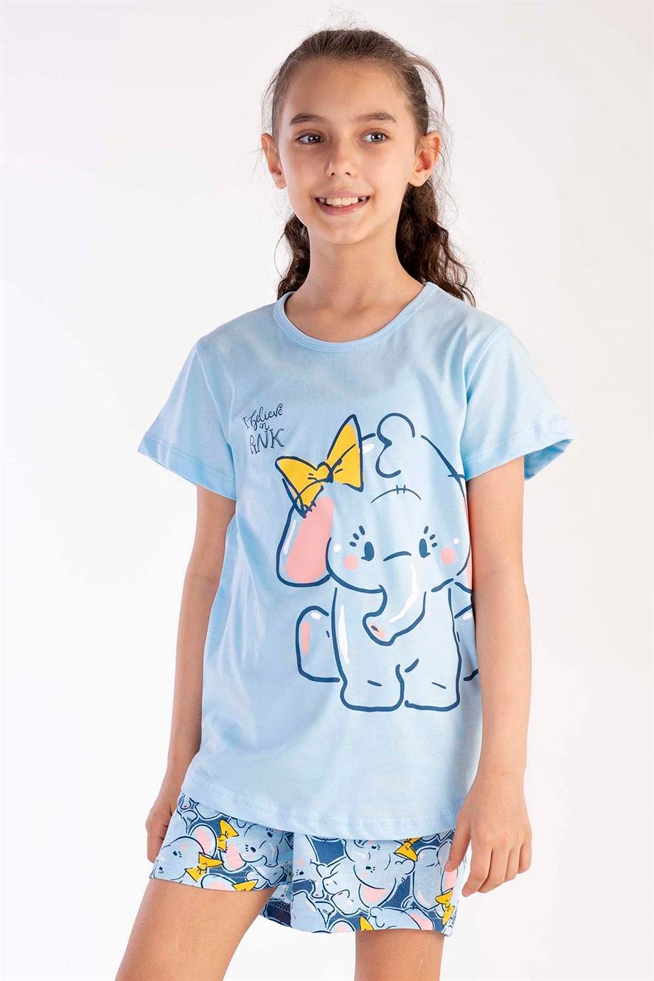 Vienetta Kız Çocuk Mavi Kısa Kollu Şortlu Pijama Takımı