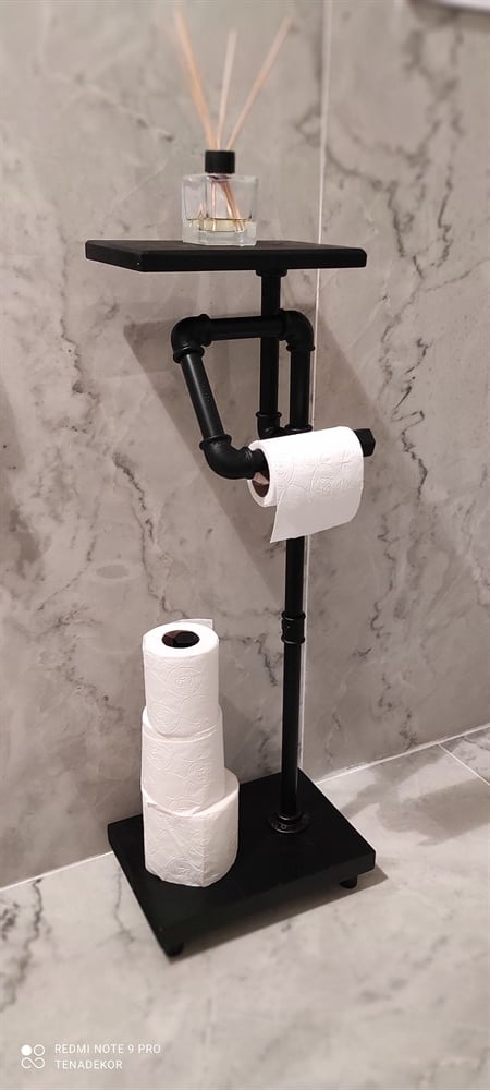 Tena Dekor Yedekli ve Raflı Demir Boru+Ahşap Tuvalet Kağıdı Askısı