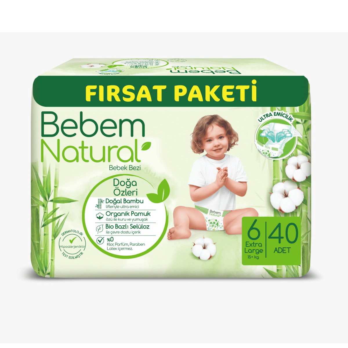 Bebem Natural Fırsat Paketi E.Large 6 Numara Bebek Bezi 40 lı