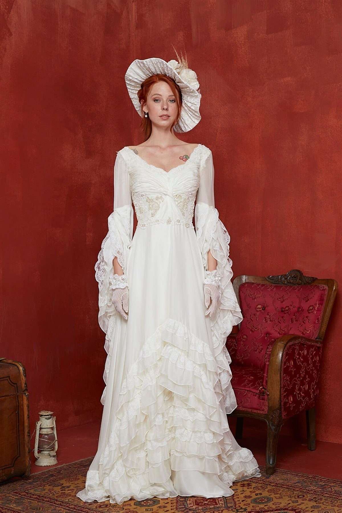 Cream and red sales wedding dress