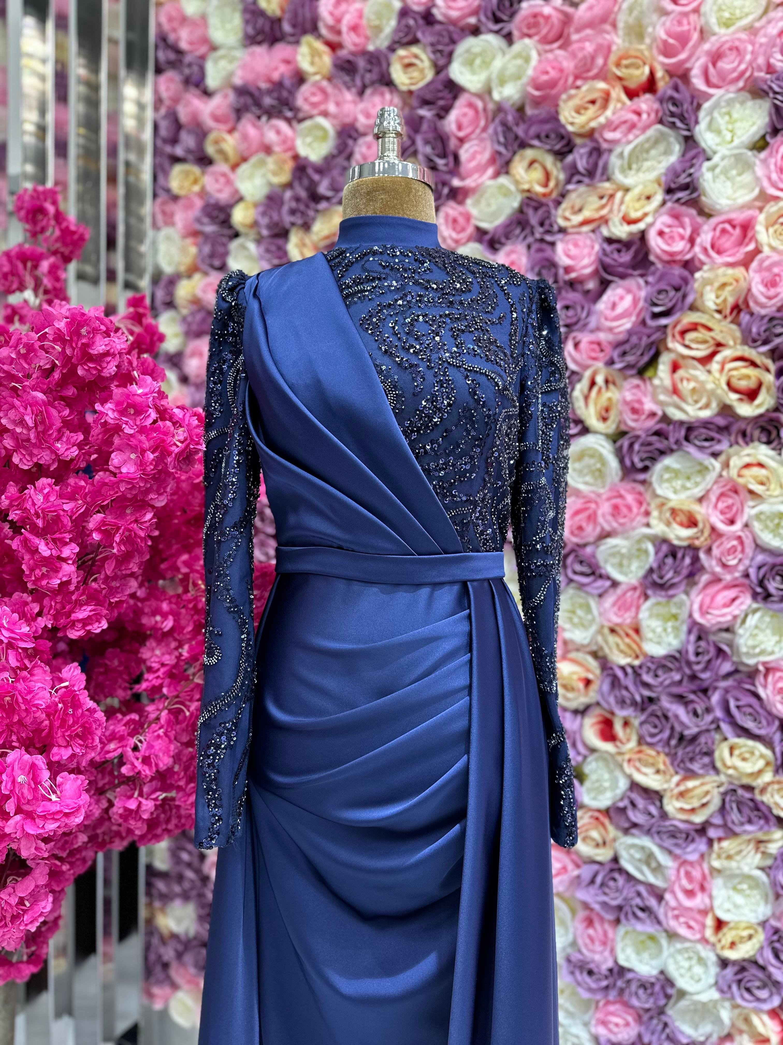 Embroidery Detailed Satin Evening Dress Navy Blue