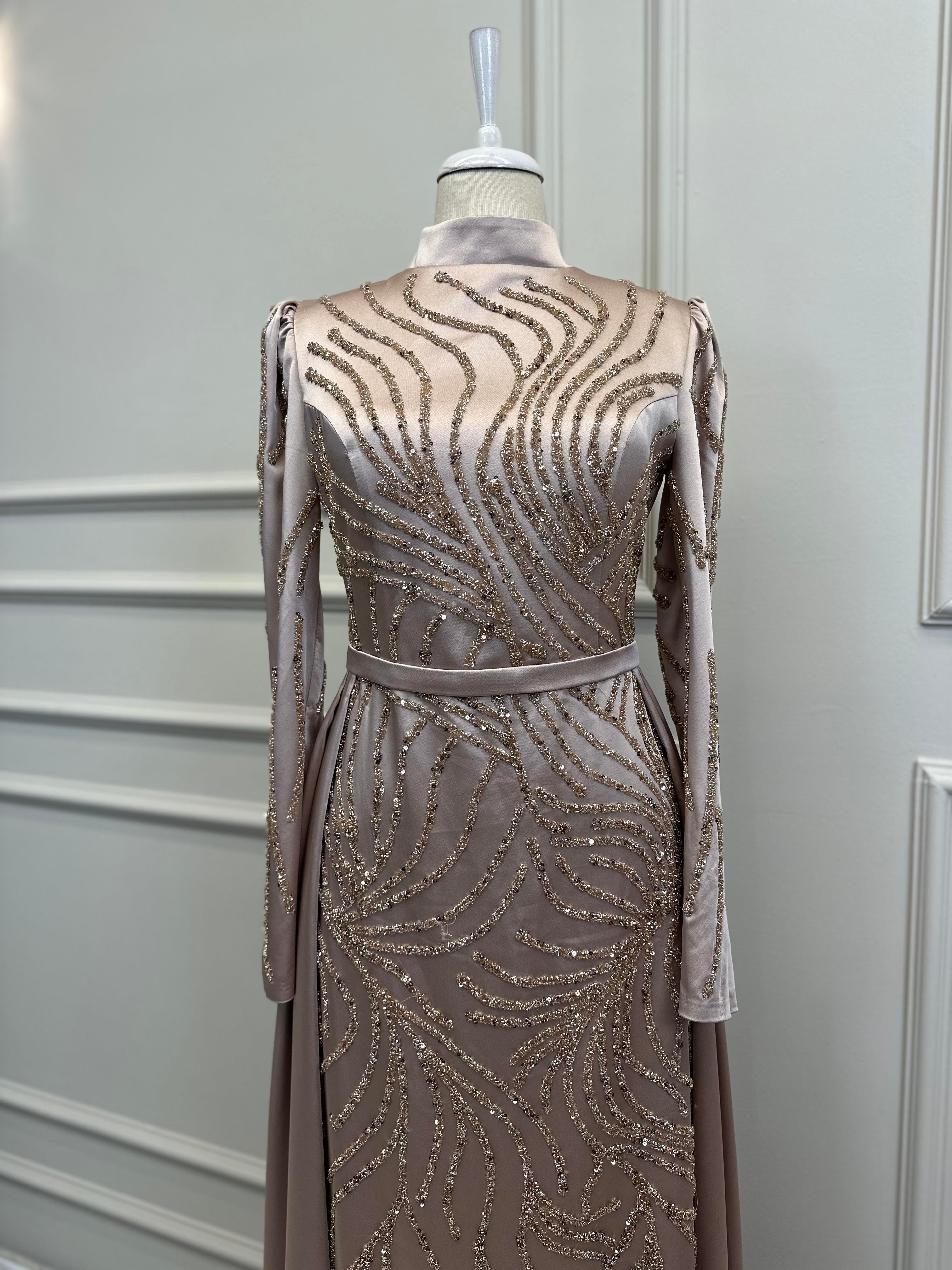 Embroidered Satin Evening Dress with Cape Beige