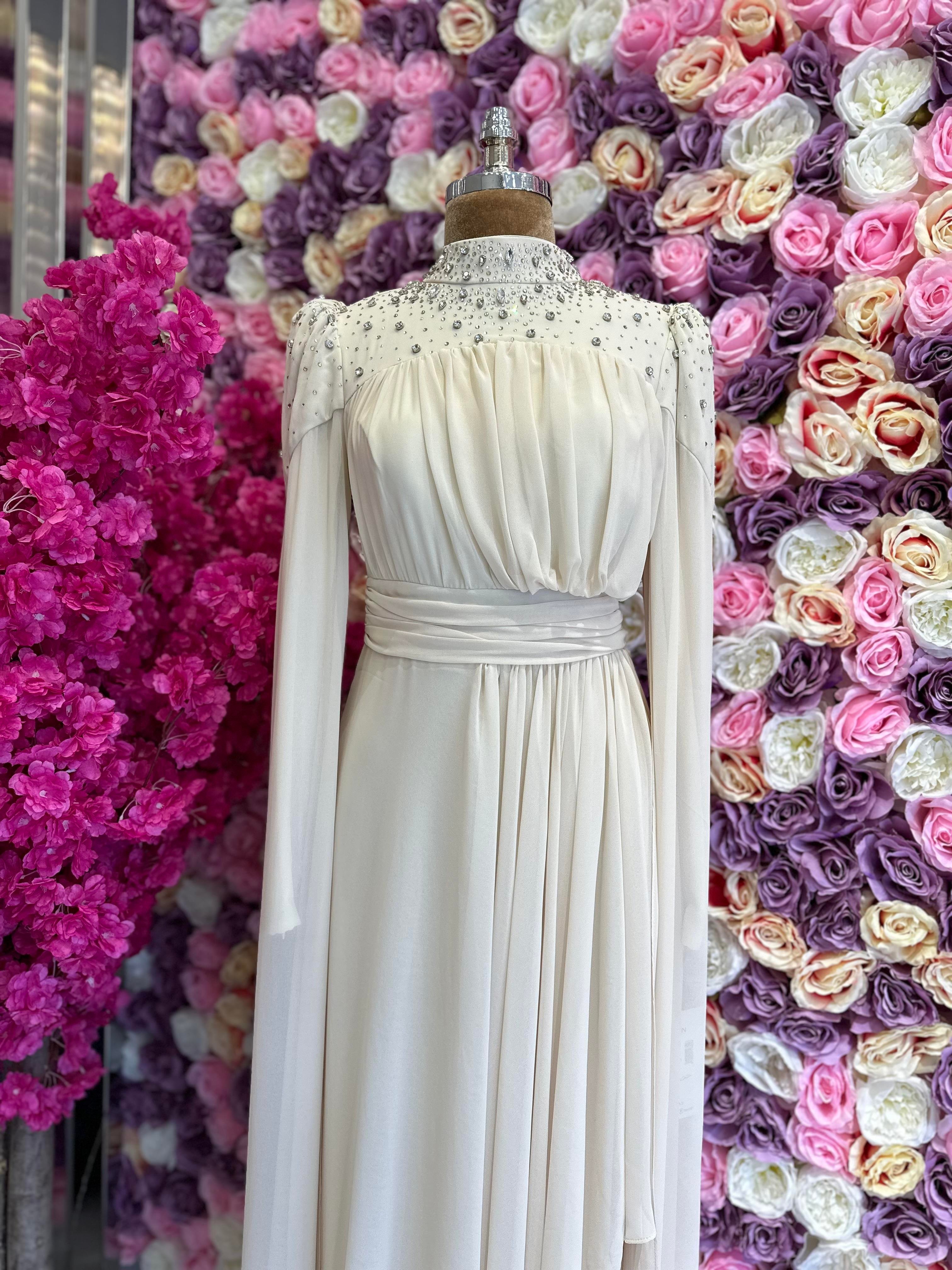 sachin and babi light blue dress Y2K does 1930's silk chiffon bias cut dress with the prettiest 3D flower  appliqués. Size XS-Medium! Now in the Etsy shop! #vintageweddingdress  #1930sstyle #sustainablebridal #sustainablefashion #silkweddingdress  #biascutdress main image 1