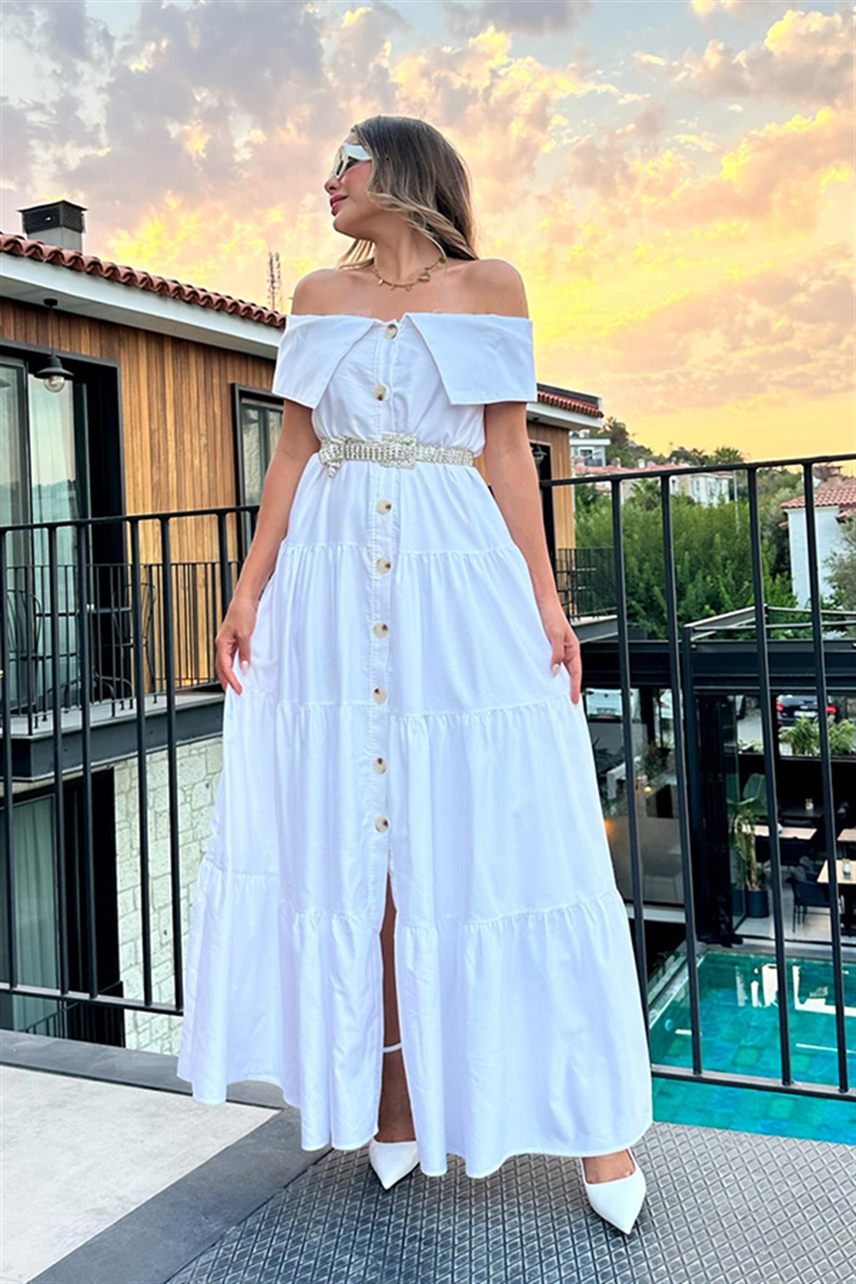 Angelo madonna yaka beyaz maxi elbise