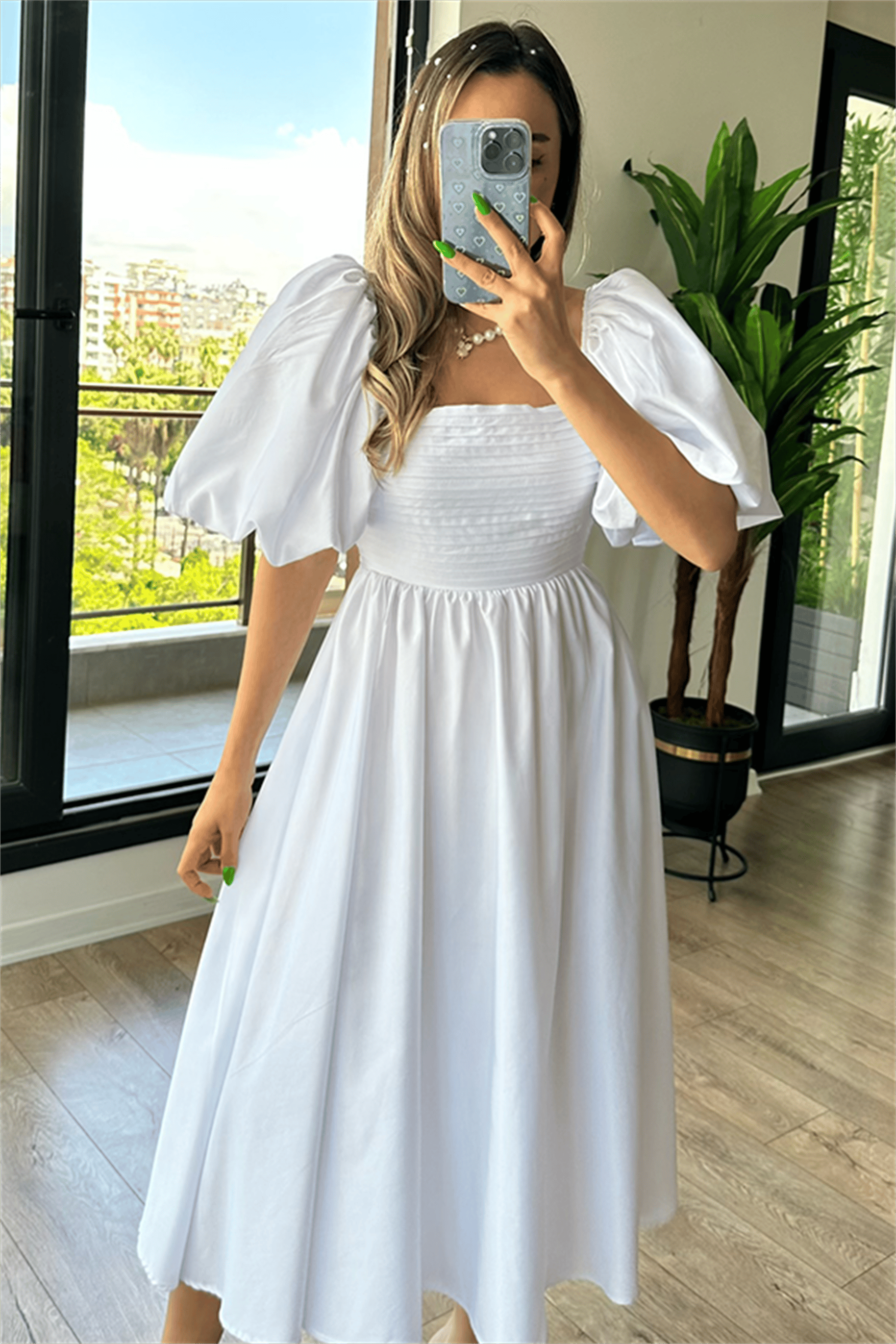Blouse arkası kurdele detaylı beyaz elbise
