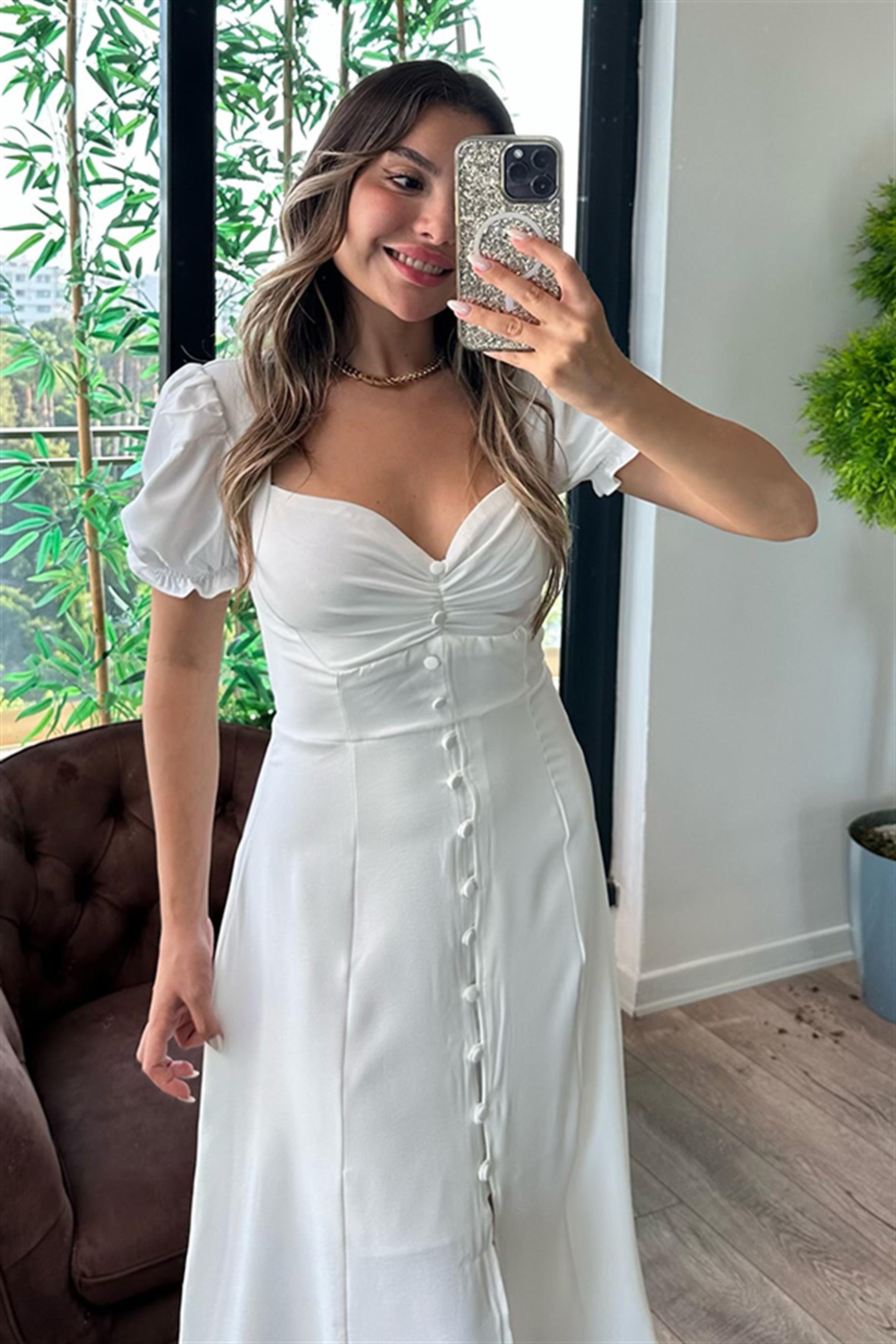 Heidi önü full düğmeli beyaz romantik elbise