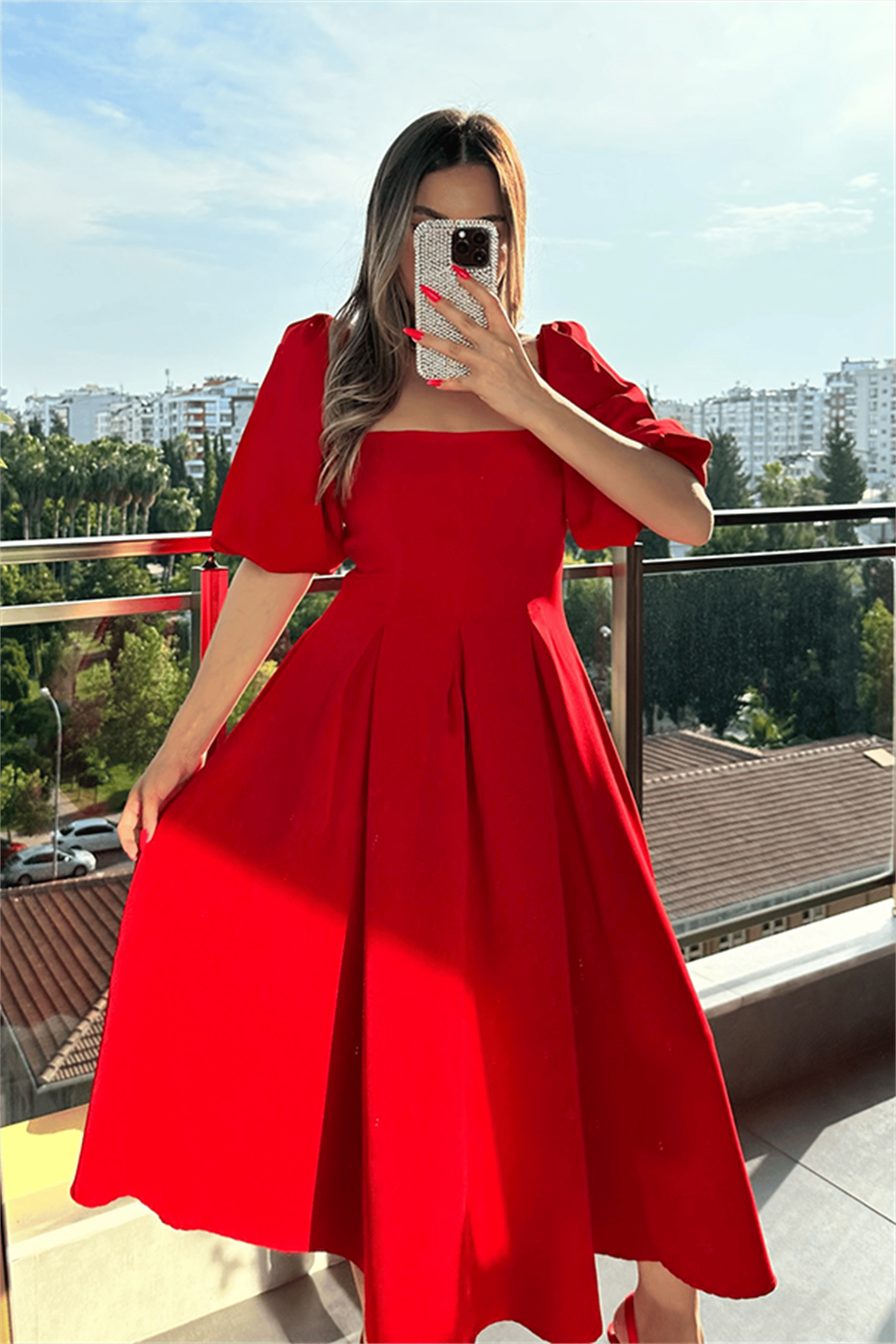 Jenny kare yaka kırmızı elbise