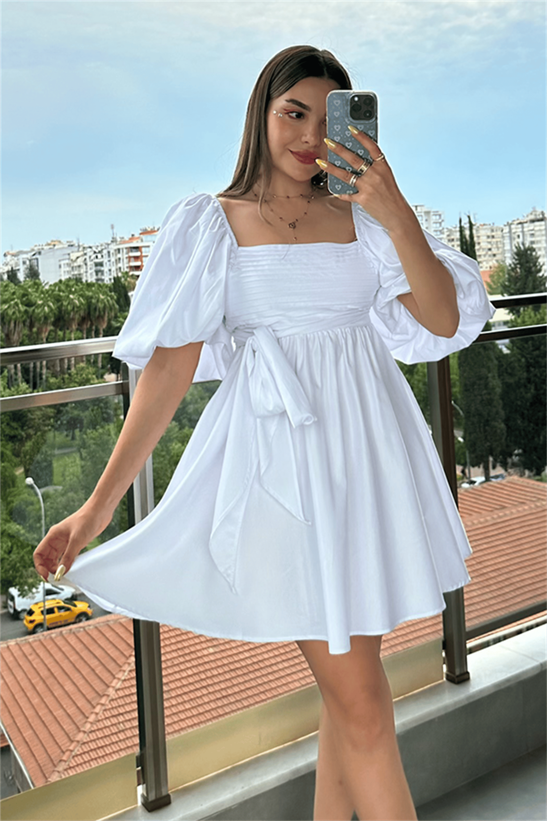Tinkerbell balon kol kuşaklı elbise - Beyaz