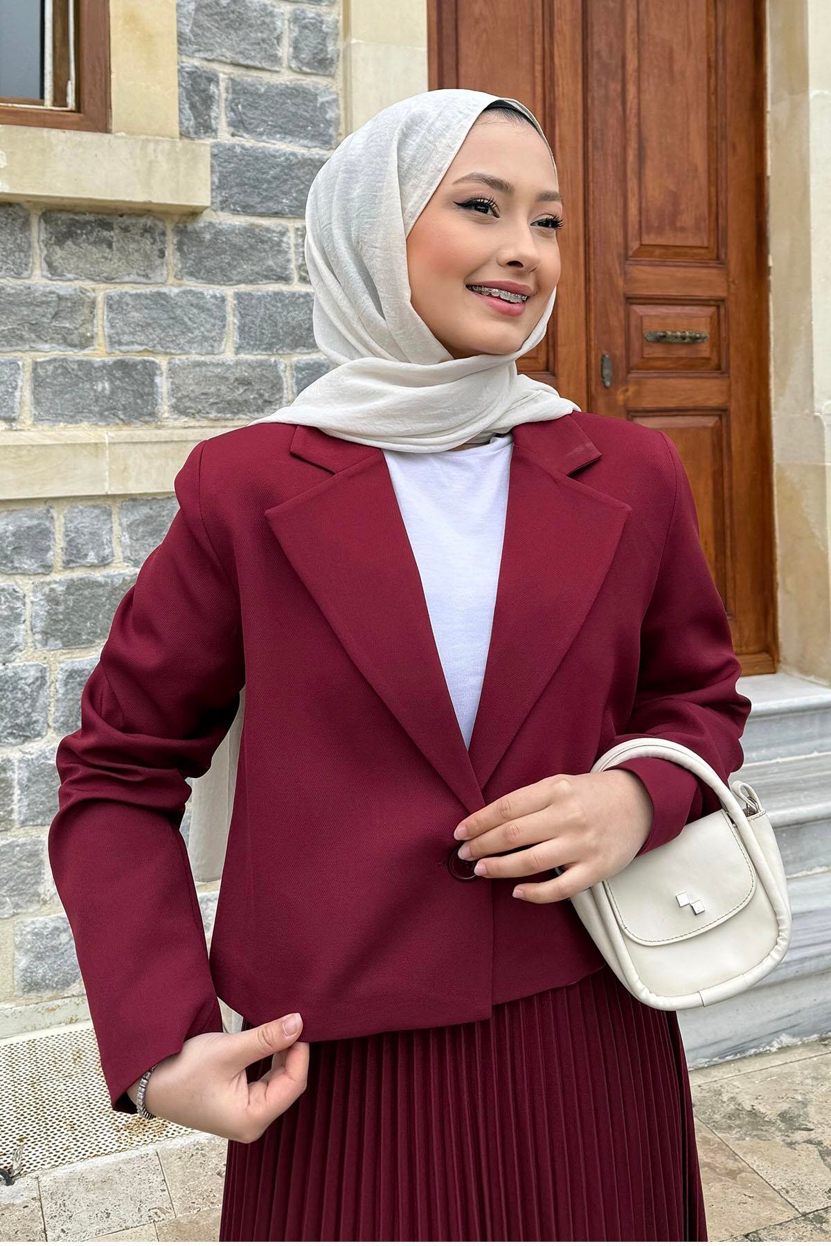 Eteği Piliseli Ceketli Tesettür Takım-BORDO - Moda Ensar
