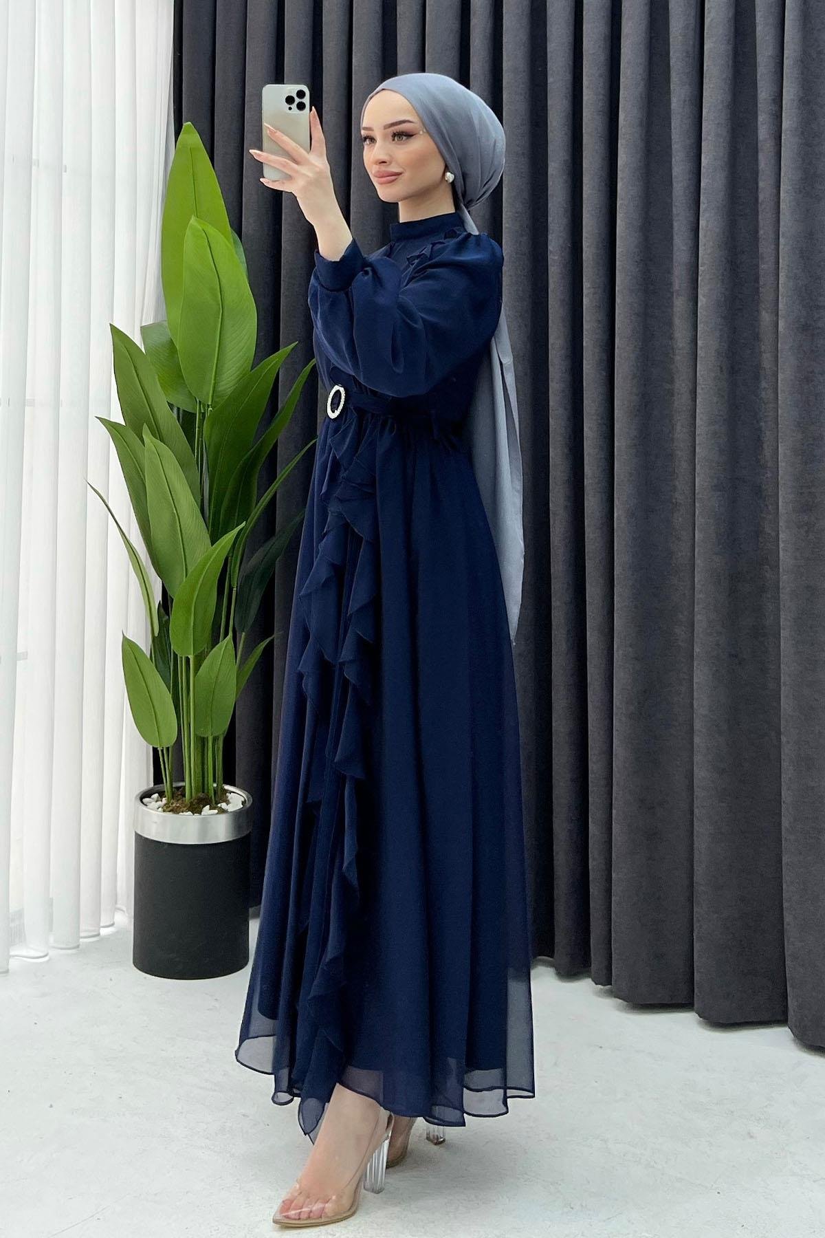 Fırfır Ve Pilise Detaylı Şifon Elbise-LACİVERT - Moda Ensar
