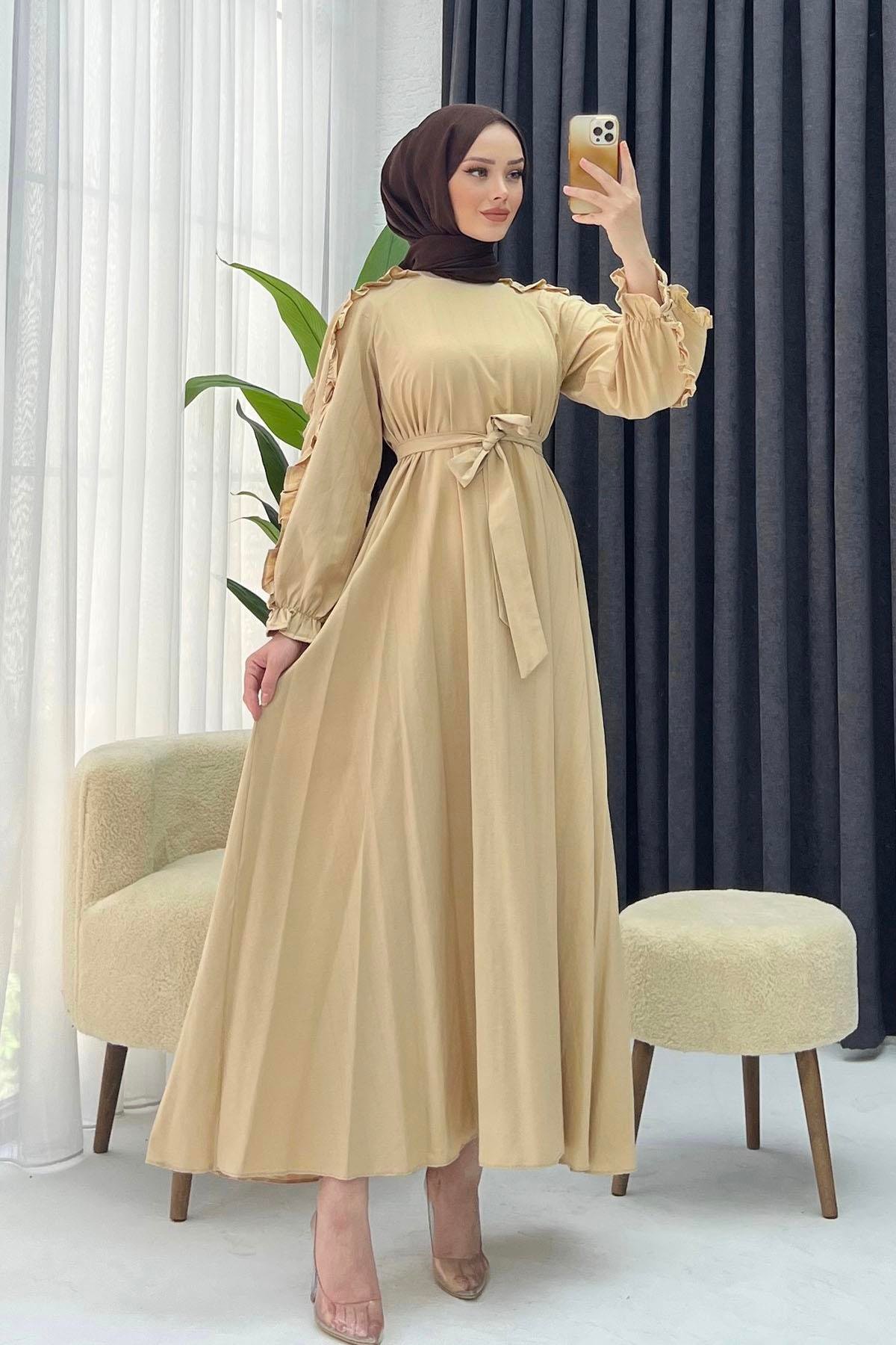 Kolları Fırfırlı Tesettür Elbise-GOLD - Moda Ensar