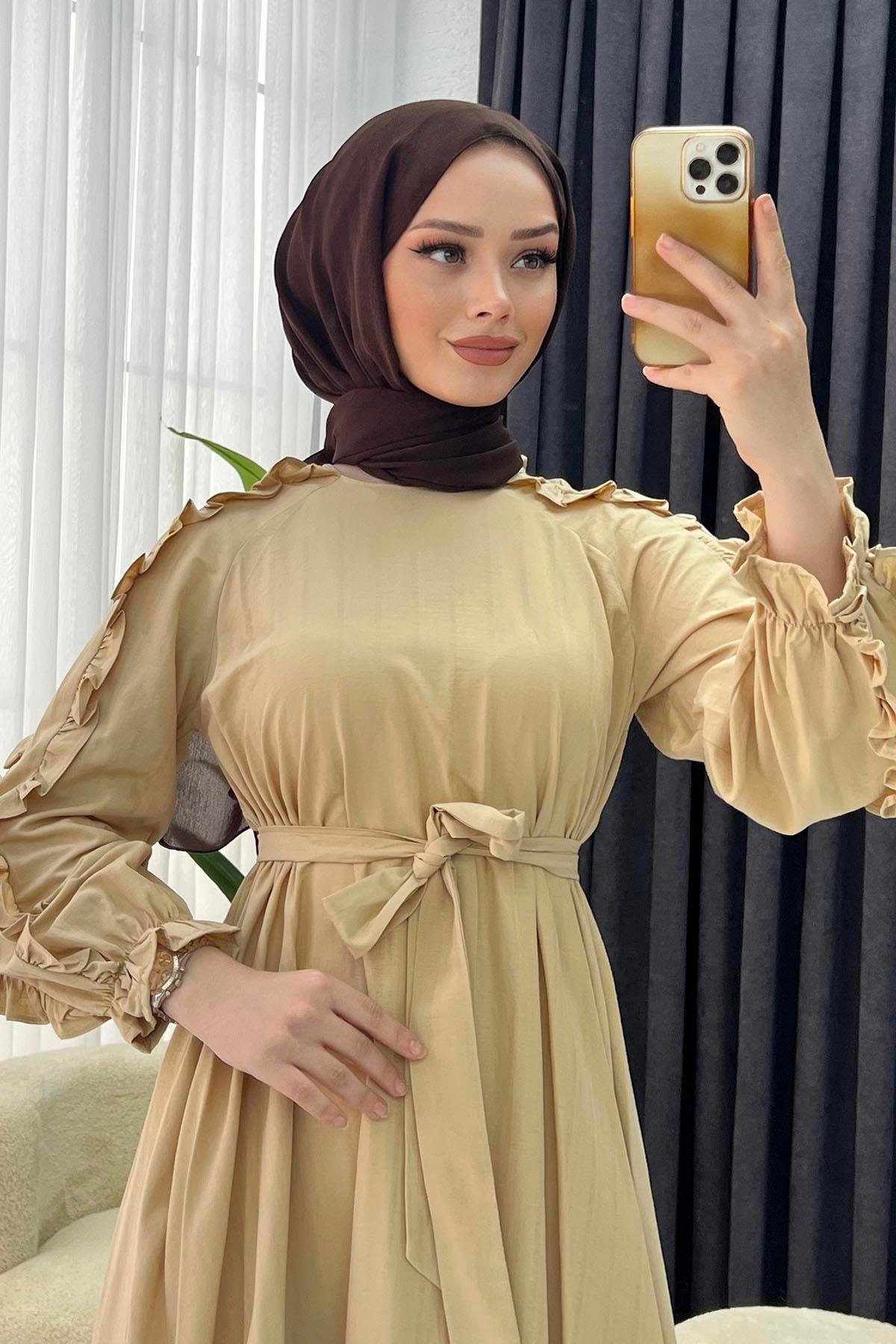 Kolları Fırfırlı Tesettür Elbise-GOLD - Moda Ensar