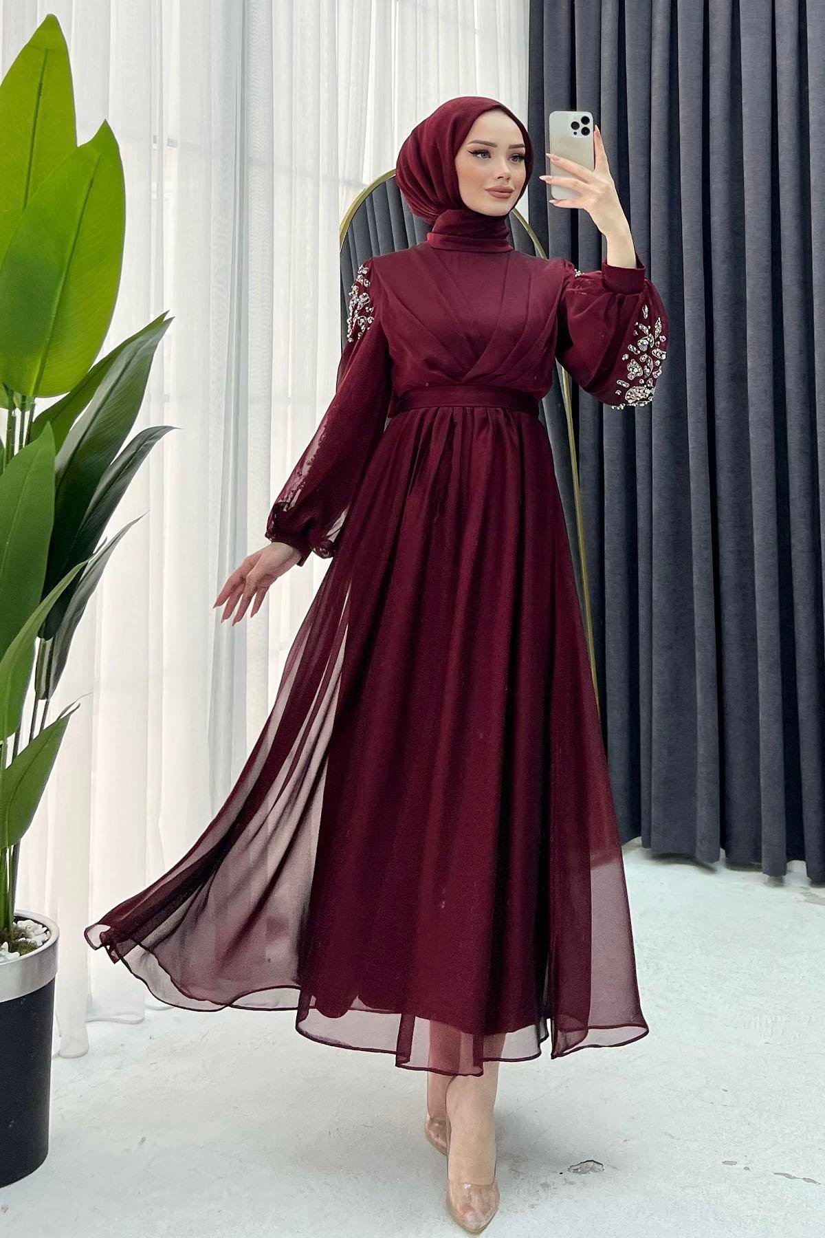 Kolları Taş İşlemeli Şifon Elbise-BORDO - Moda Ensar